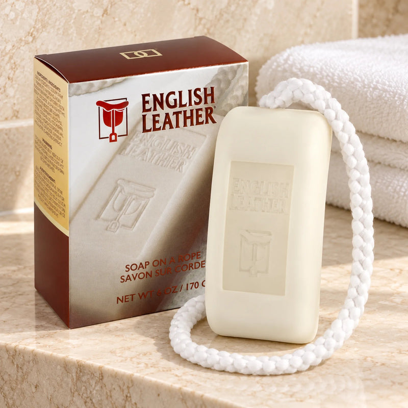 Dana English Leather soap on a rope and box on a bathroom shelf