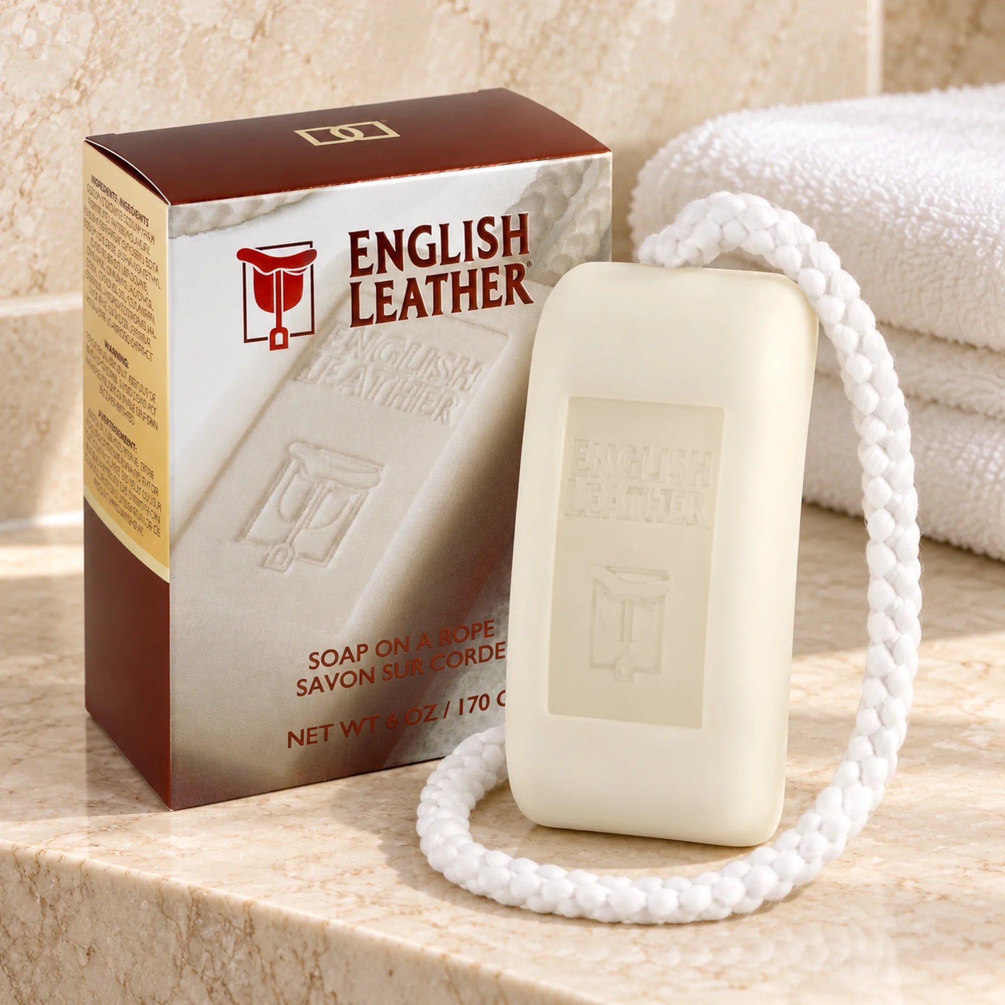 Dana English Leather soap on a rope and box on a bathroom shelf