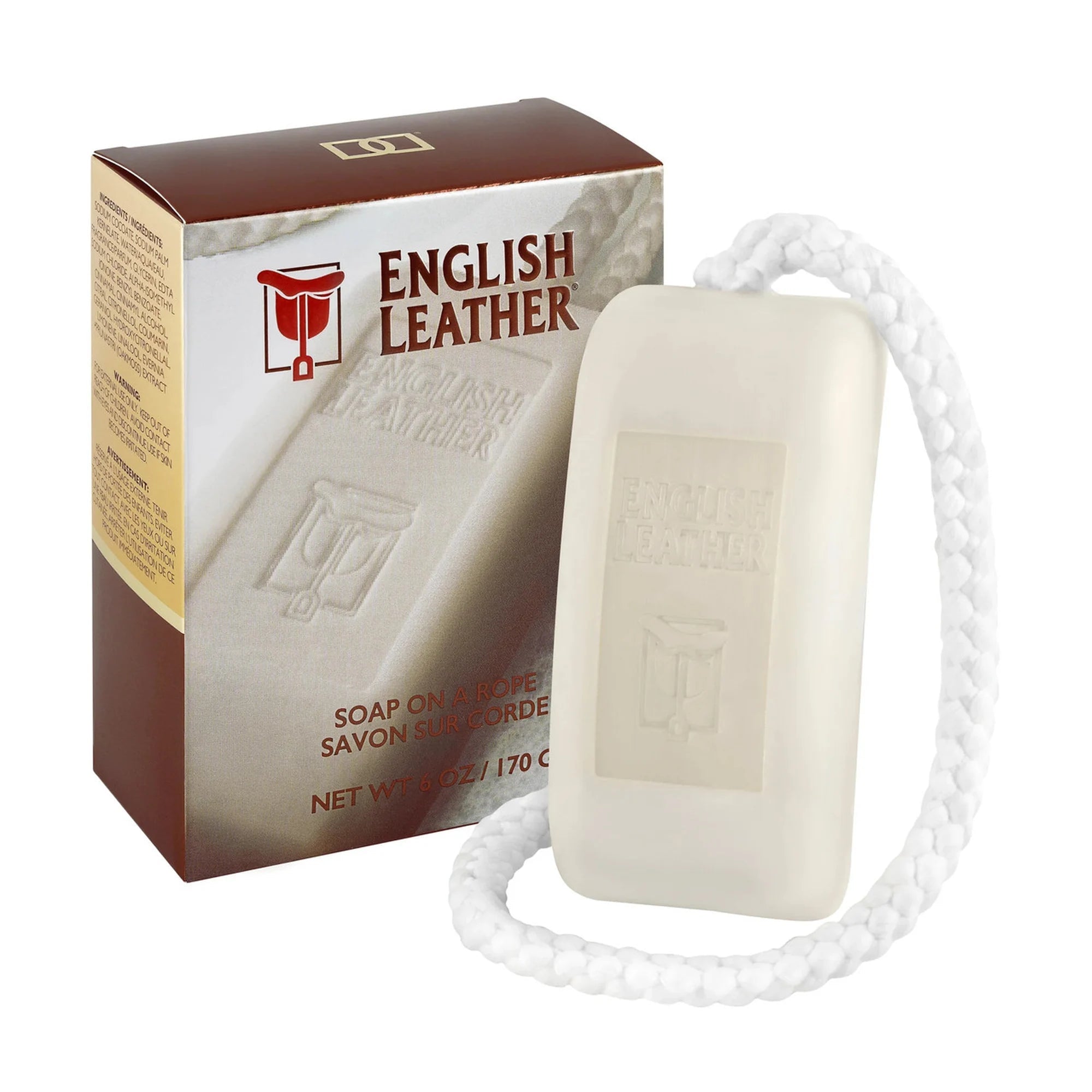 Dana English Leather 170g soap bar with white rope and retail box