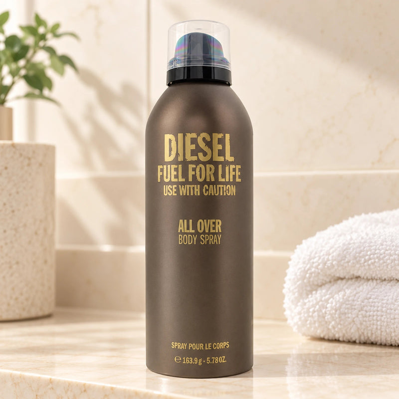 Diesel Fuel for Life 163.9g body spray can on a cream bathroom shelf