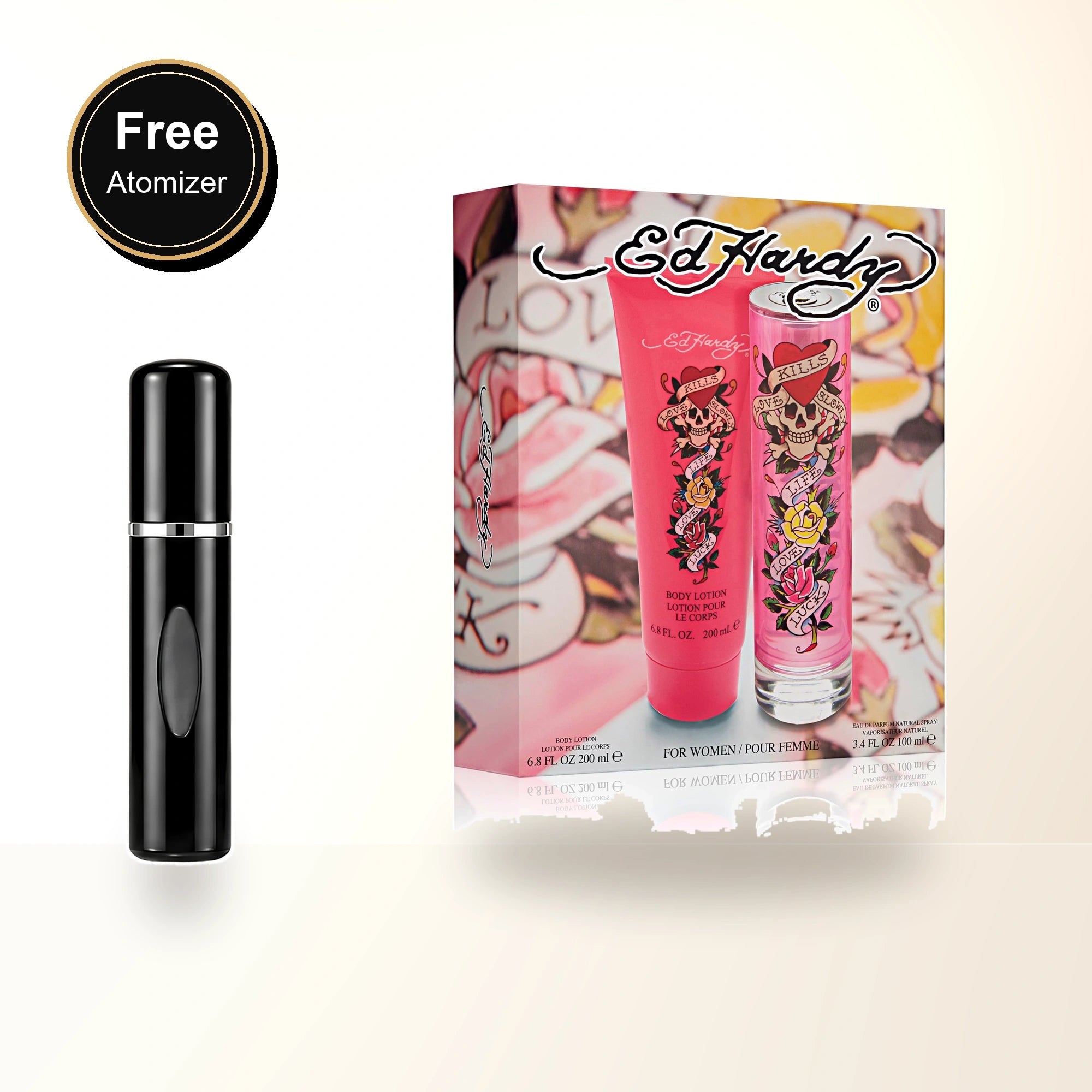 Ed Hardy 2 Pcs Set For Women: 3.4 Eau De Parfum Spray + 6.8 Body Lotion with free atomizer bonus image
