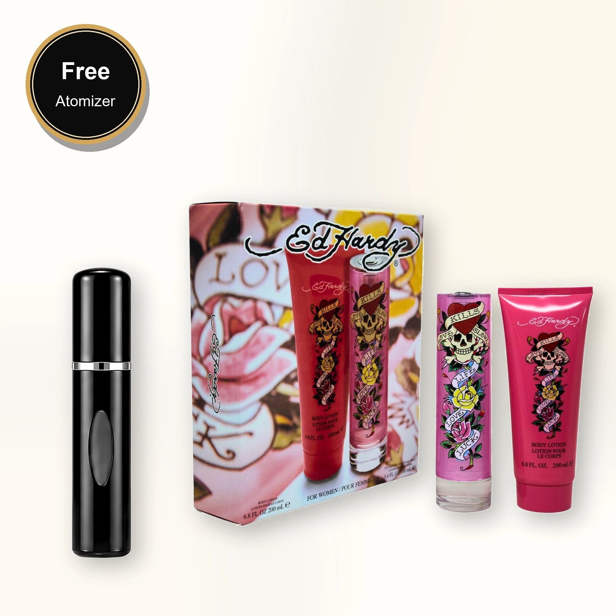 Ed Hardy 2 Pcs Set For Women: 3.4 Eau De Parfum Spray + 6.8 Body Lotion. with free atomizer bonus image