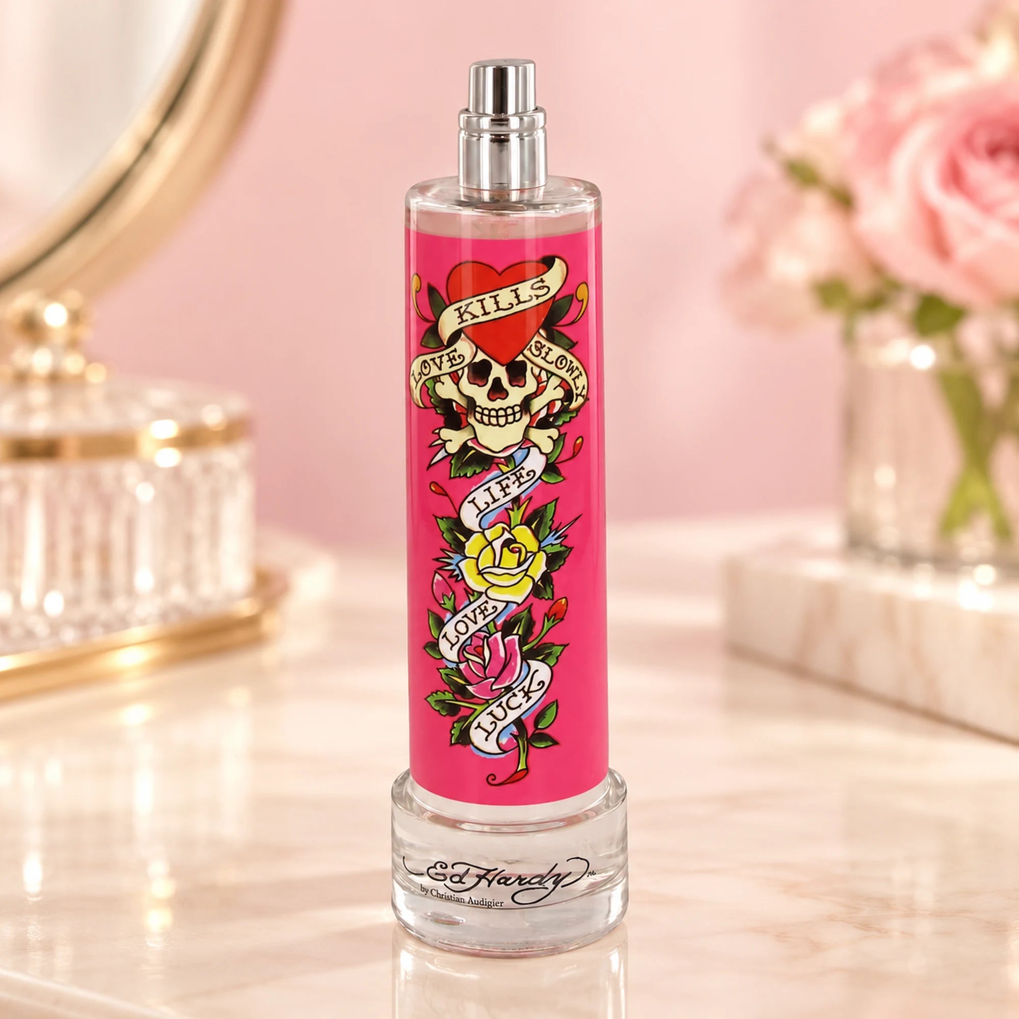 Ed Hardy women 100ml tester bottle on a pale cream vanity