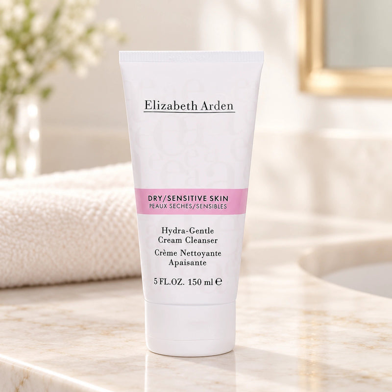 Elizabeth Arden Hydra-Gentle Cream Cleanser 150ml tube on a cream bathroom vanity