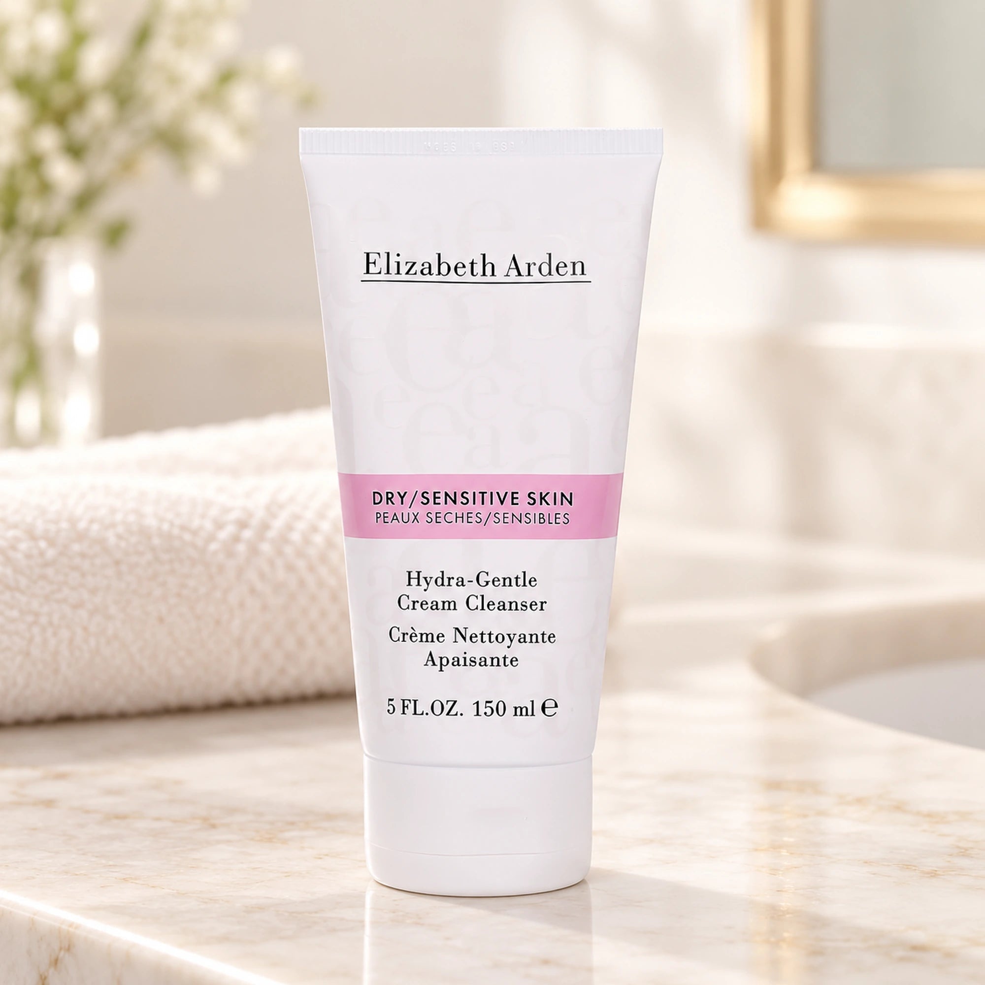 Elizabeth Arden Hydra-Gentle Cream Cleanser 150ml tube on a cream bathroom vanity