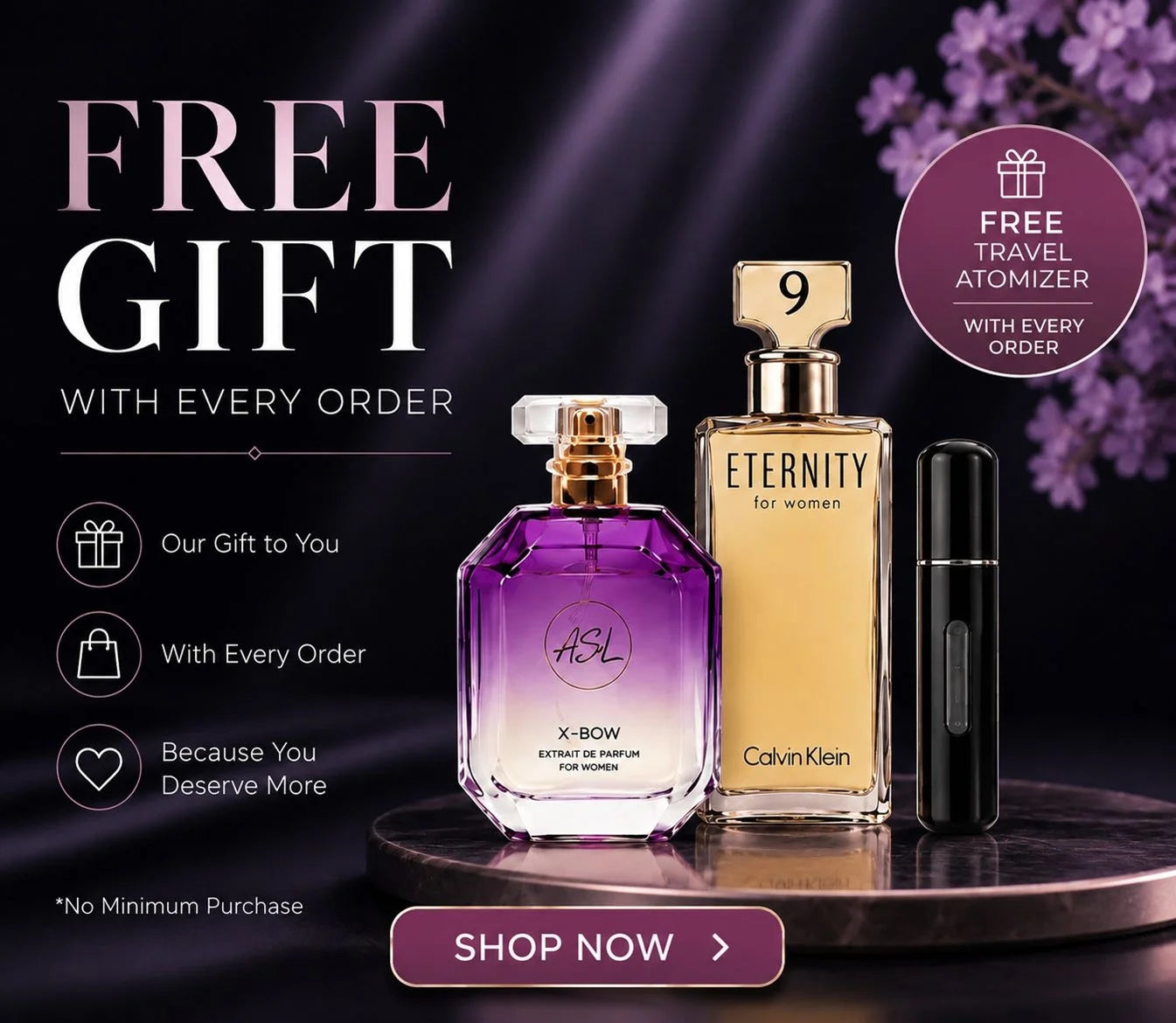 Two perfume bottles on a dark surface with promotional text about free gift with every order.
