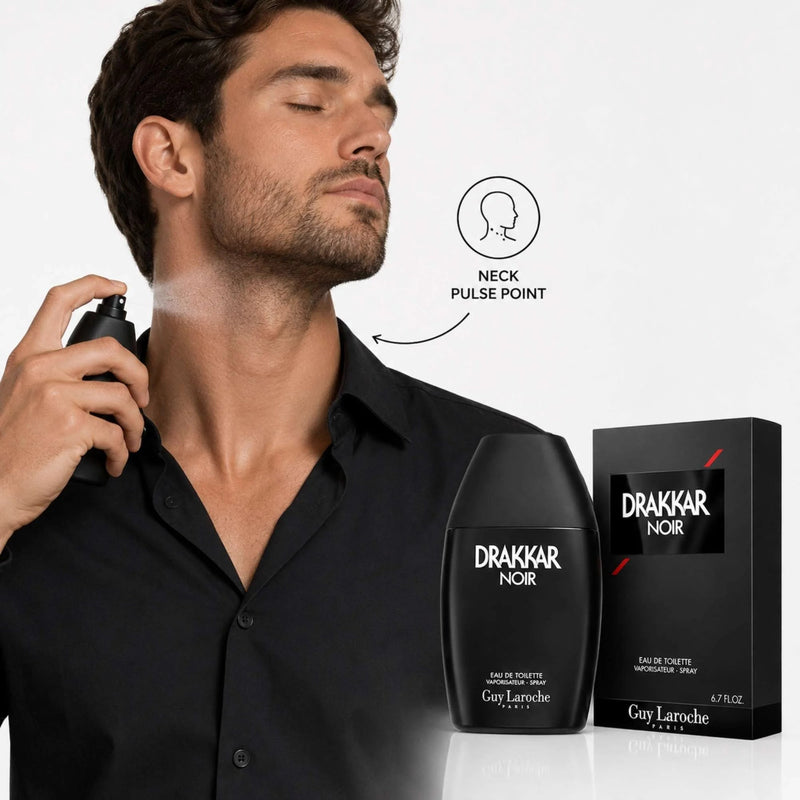 How to apply Guy Laroche Drakkar Noir EDT Spray For Men 6.7 oz (200 ml) on neck pulse points