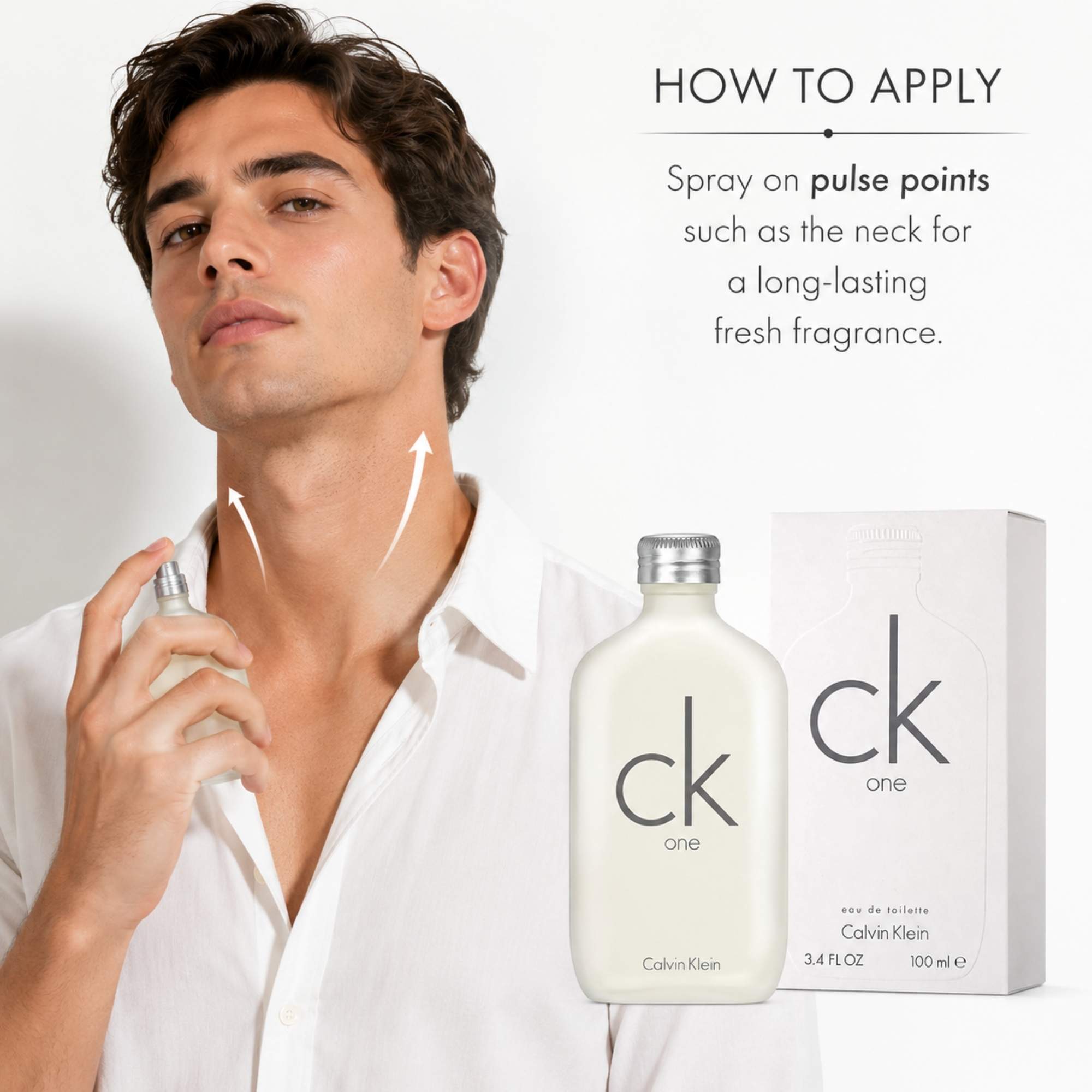 How to apply Calvin Klein CK One EDT Spray Unisex 3.4 oz (100 ml) on neck pulse points