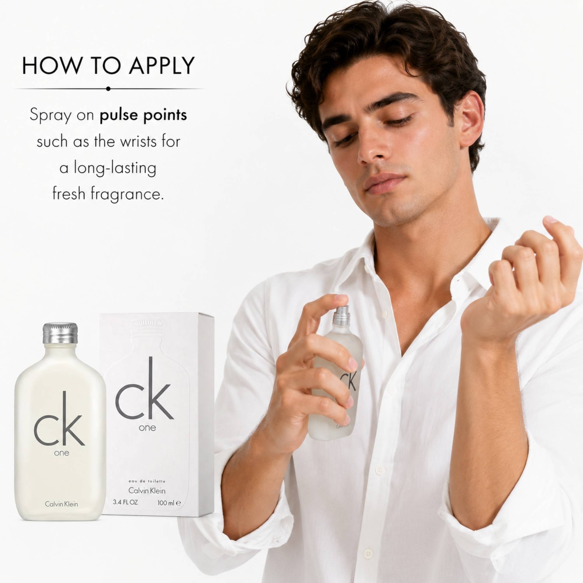 How to apply Calvin Klein CK One EDT Spray Unisex 3.4 oz (100 ml) on wrist pulse points