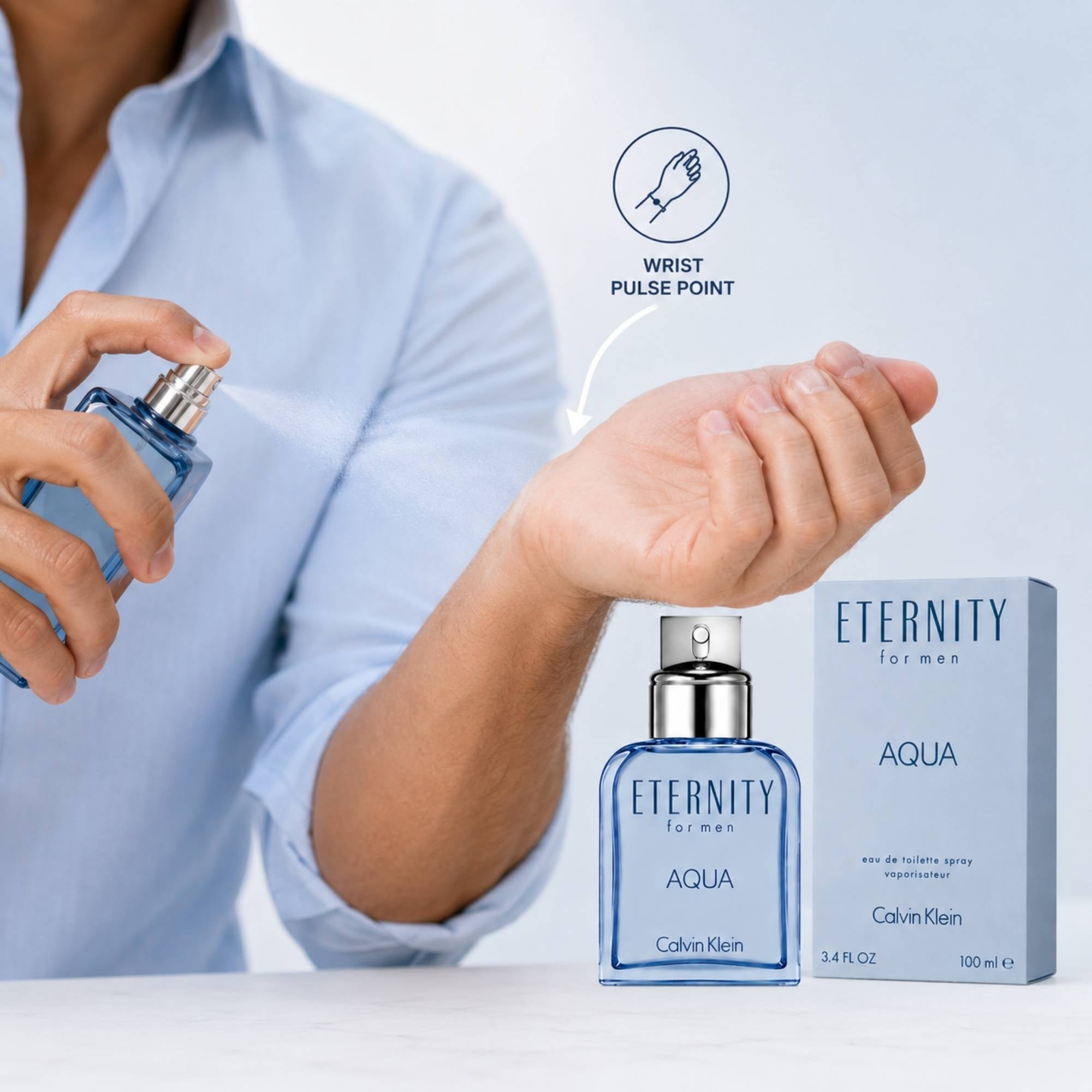 How to apply Calvin Klein Eternity Aqua EDT Spray For Men 3.4 oz (100 ml) on wrist pulse points