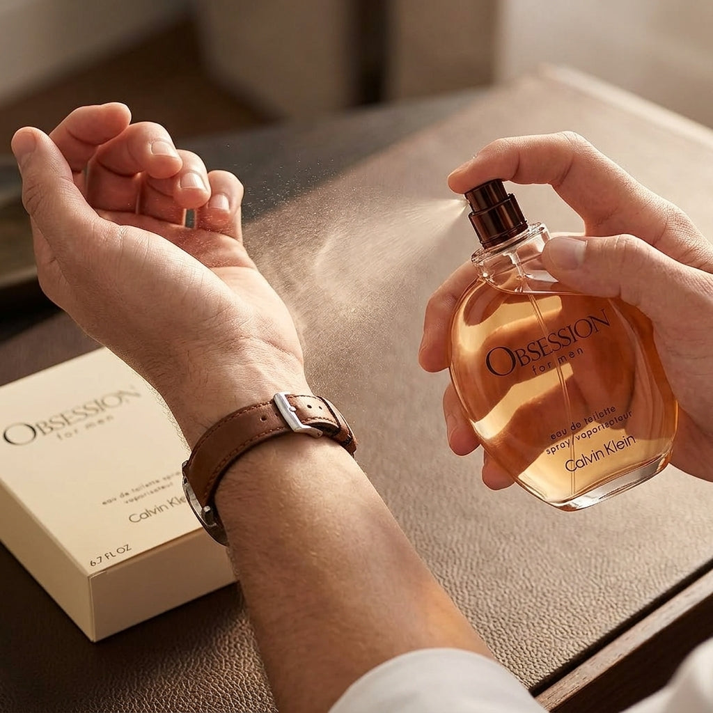 "Applying Calvin Klein Obsession for Men perfume on wrist, ideal for a subtle and fresh fragrance throughout the day."