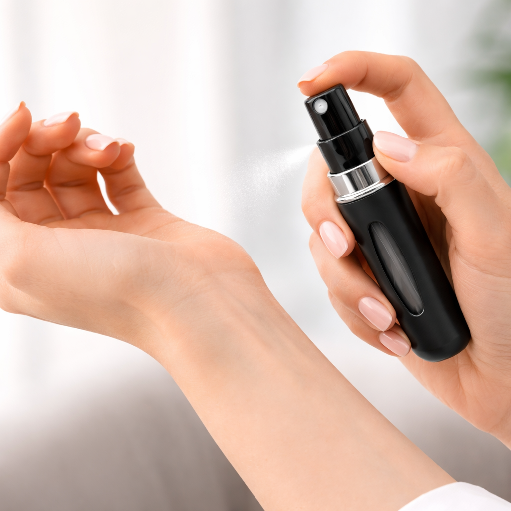 Woman using black refillable travel perfume atomizer on wrist