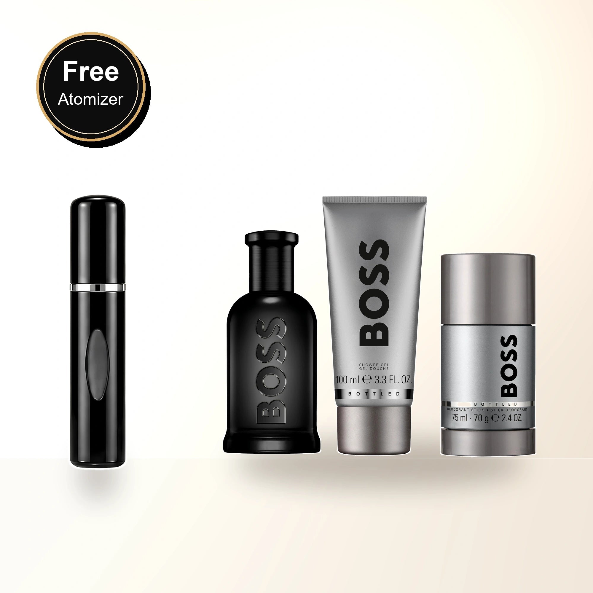 Hugo Boss Bottled Parfum 3 Pcs Set For Men: 3.3 Parfum Spray + 3.3 Shower Gel + 2.4 Deodorant Stick with free atomizer bonus image