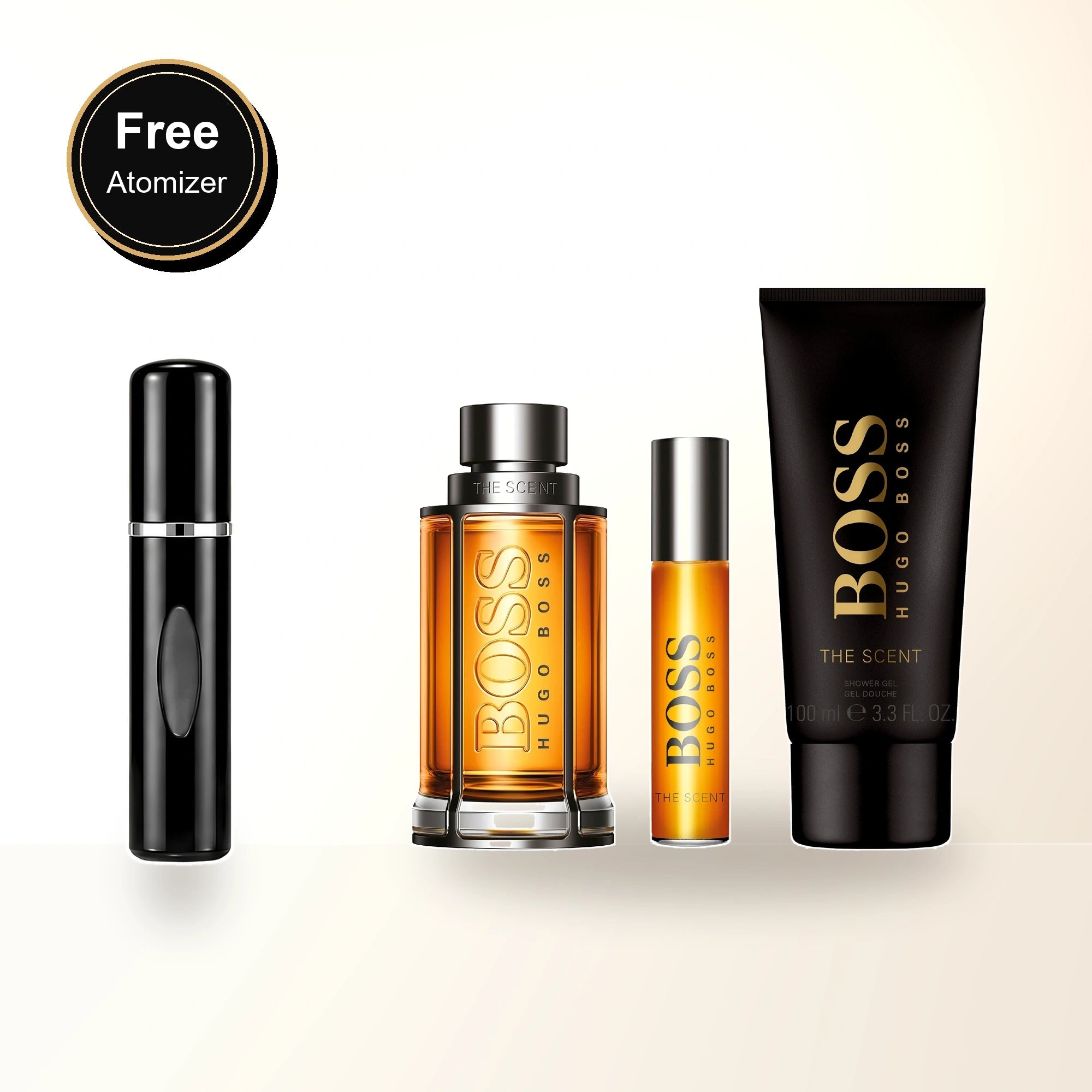 Hugo Boss The Scent 3 Pcs Set For Men: 3.3 Eau De Toilette Spray + 0.33 Eau De Toilette Spray + 3.3 Shower Gel with free atomizer bonus image