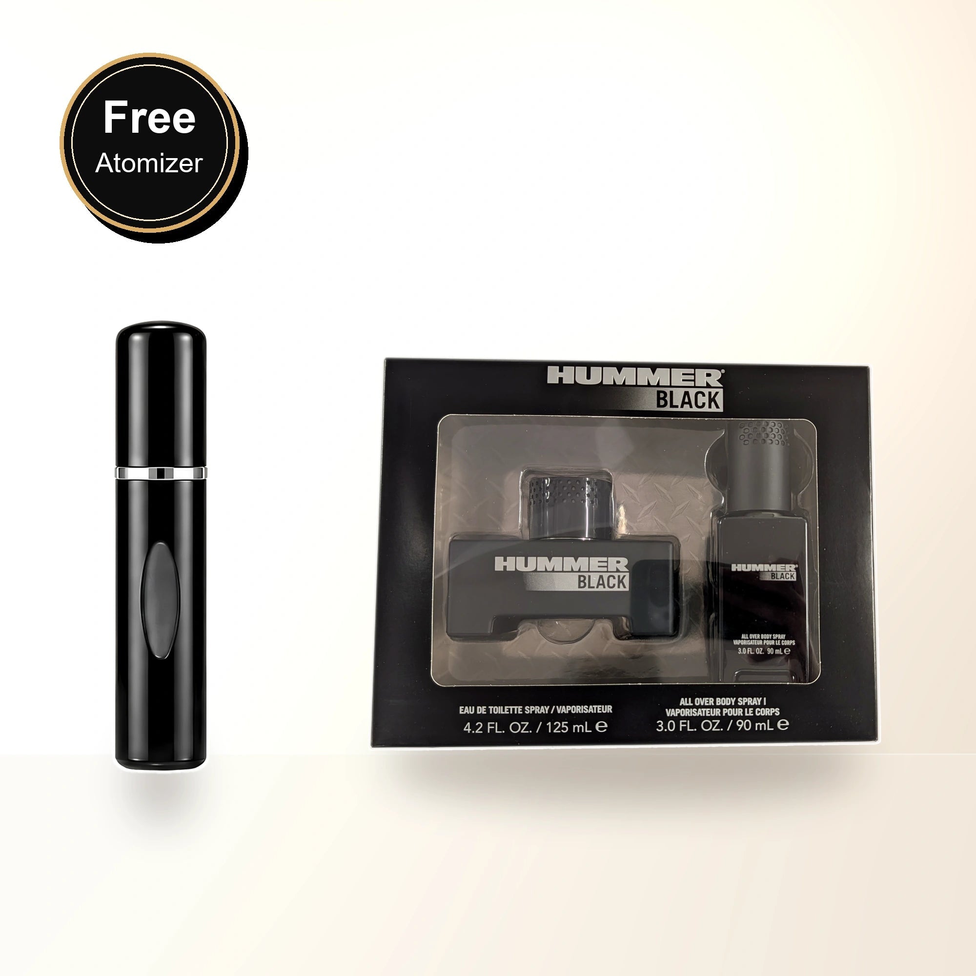 Hummer Black 2 Pcs Set For Men: 4.2 Eau De Toilette Spray + 3 Oz All Over Body Spray with free atomizer bonus image
