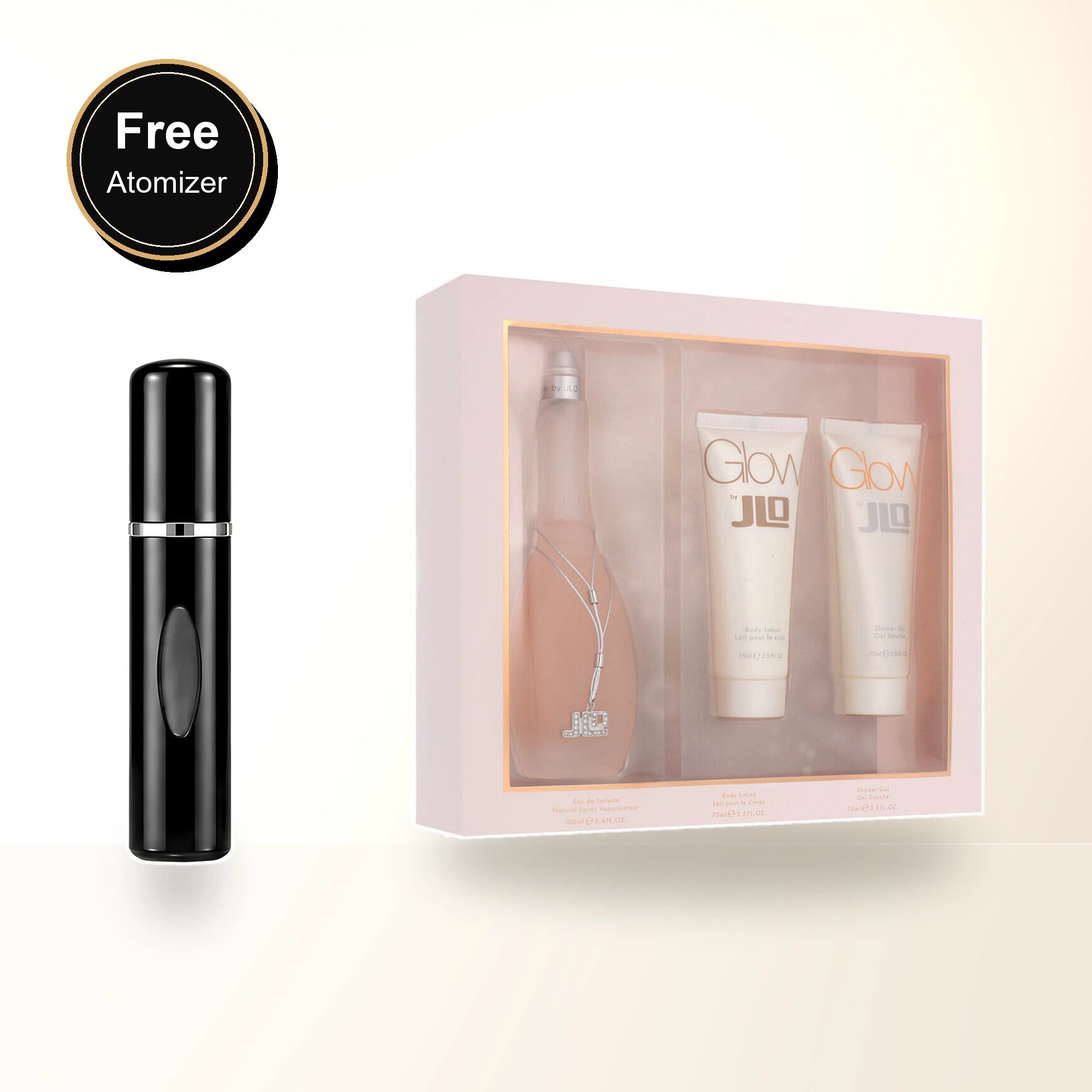 J Lo Glow 3 Pcs Set For Women: 3.4 Eau De Toilette Spray + 2.5 Body Lotion + 2.5 Shower Gel with free atomizer bonus image