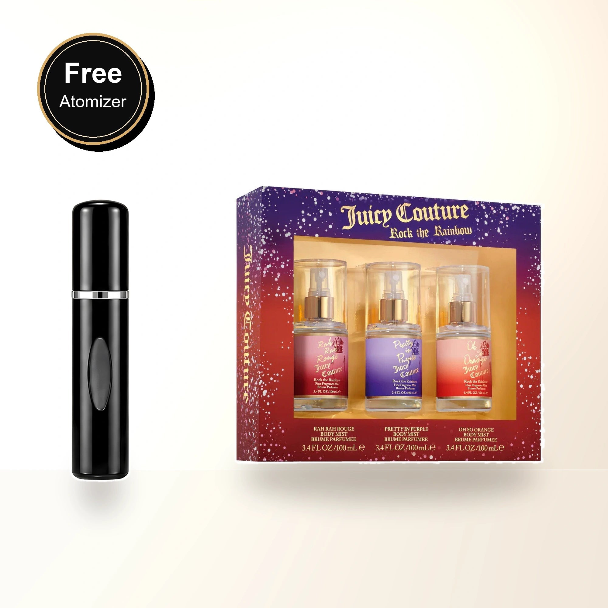 Juicy Couture 3 * 3.4 Body Mist Spray Set For Women: Rah Rah Rouge + Pretty In Purple + Oh So Orange with free atomizer bonus image
