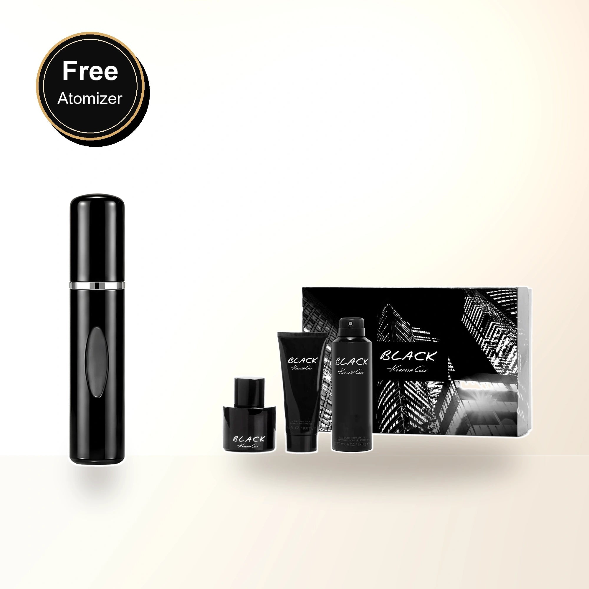 Kenneth Cole Black 3 Pcs Set For Men: 3.4 Eau De Toilette Spray + 3.4 After Shave Balm + 6 Oz All Over Body Spray with free atomizer bonus image