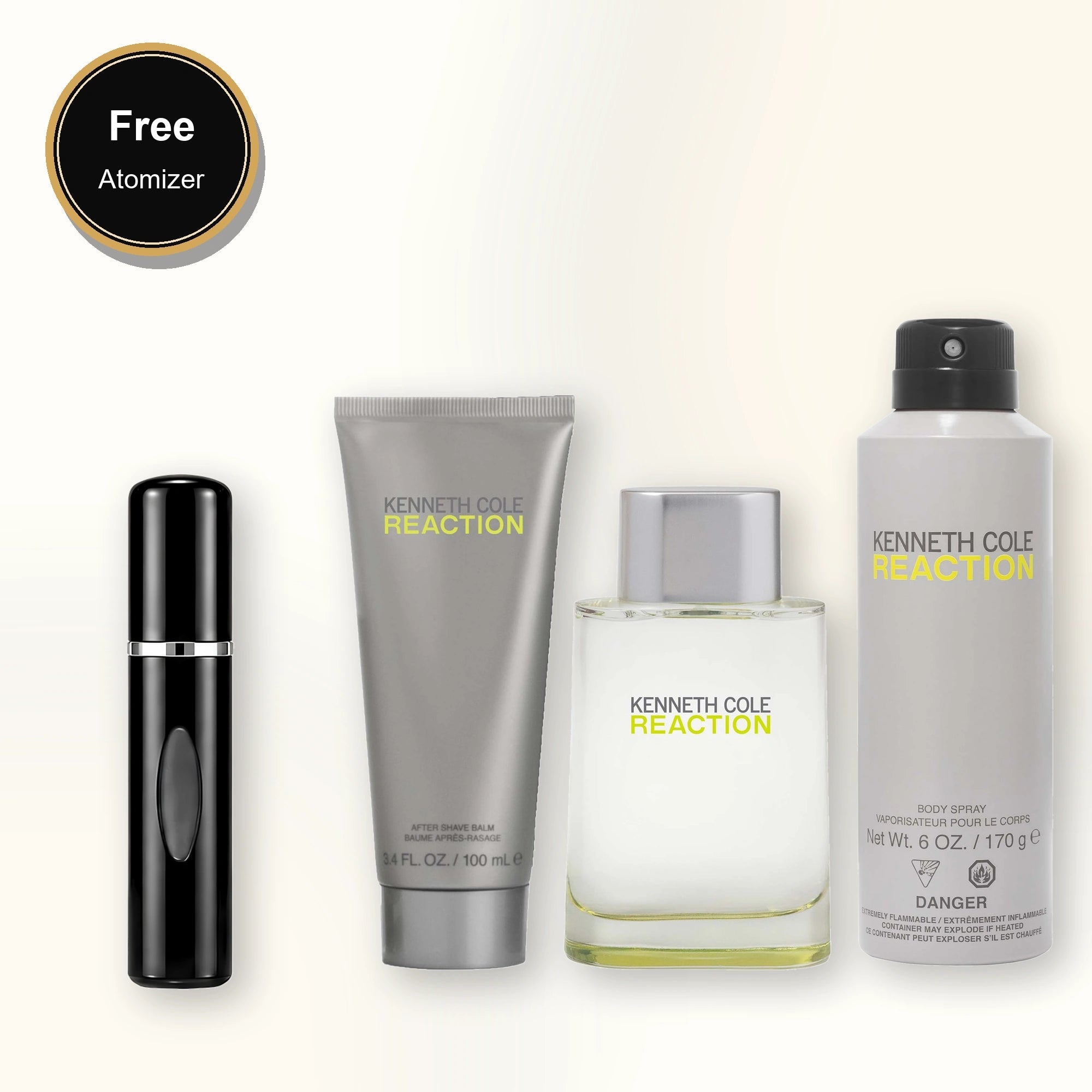 Kenneth Cole Reaction 3 Pcs Set For Men: 3.4 Eau De Toilette Spray + 3.4 After Shave Balm + 6 Oz All Over Body Spray. with free atomizer bonus image
