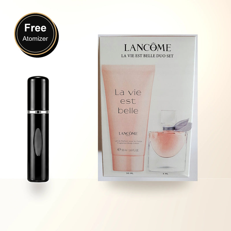 Lancome La Vie Est Belle 2 Pcs Set For Women: 4 Ml Eau De Parfum Mini + 1.6 Body Lotion. with free atomizer bonus image