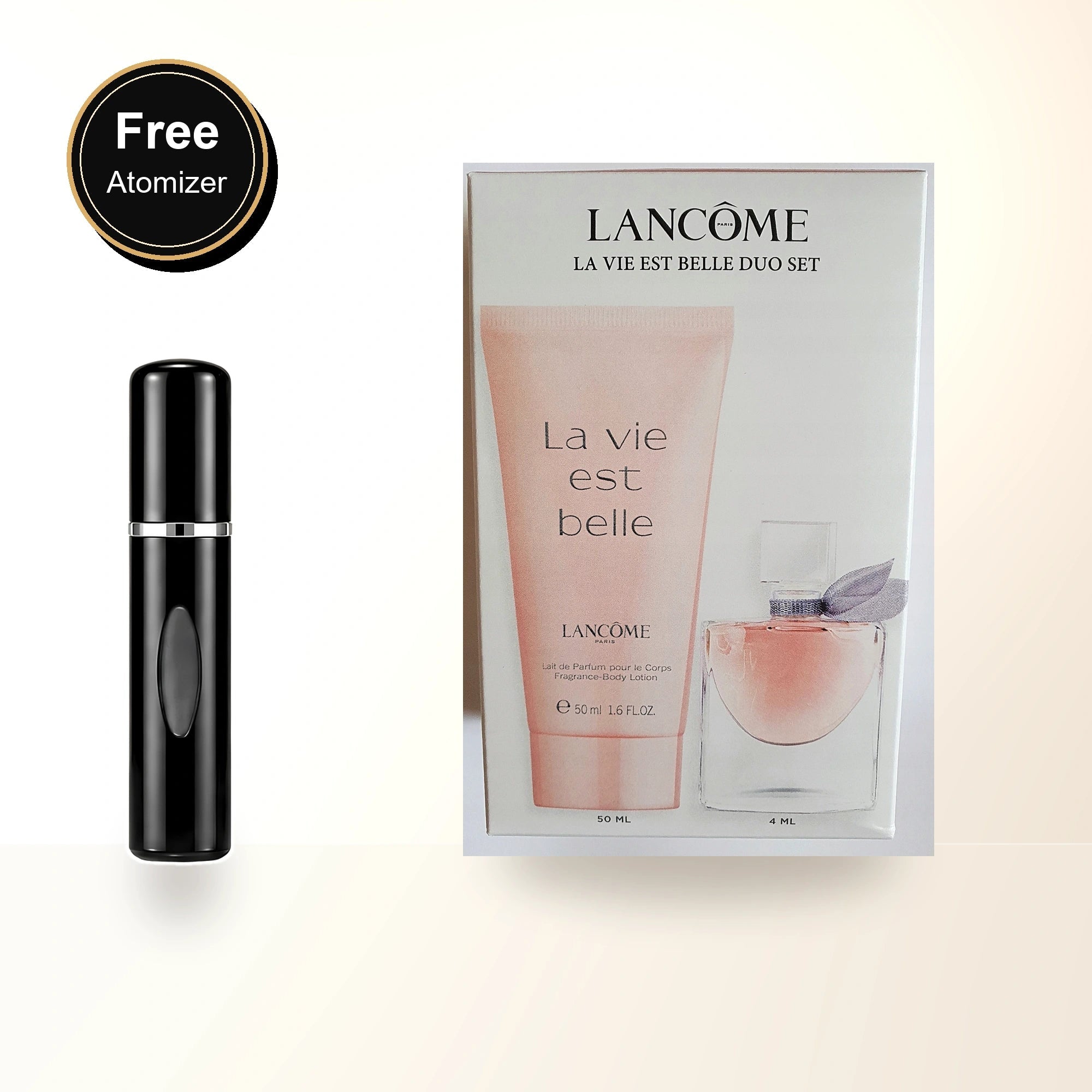 Lancome La Vie Est Belle 2 Pcs Set For Women: 4 Ml Eau De Parfum Mini + 1.6 Body Lotion. with free atomizer bonus image