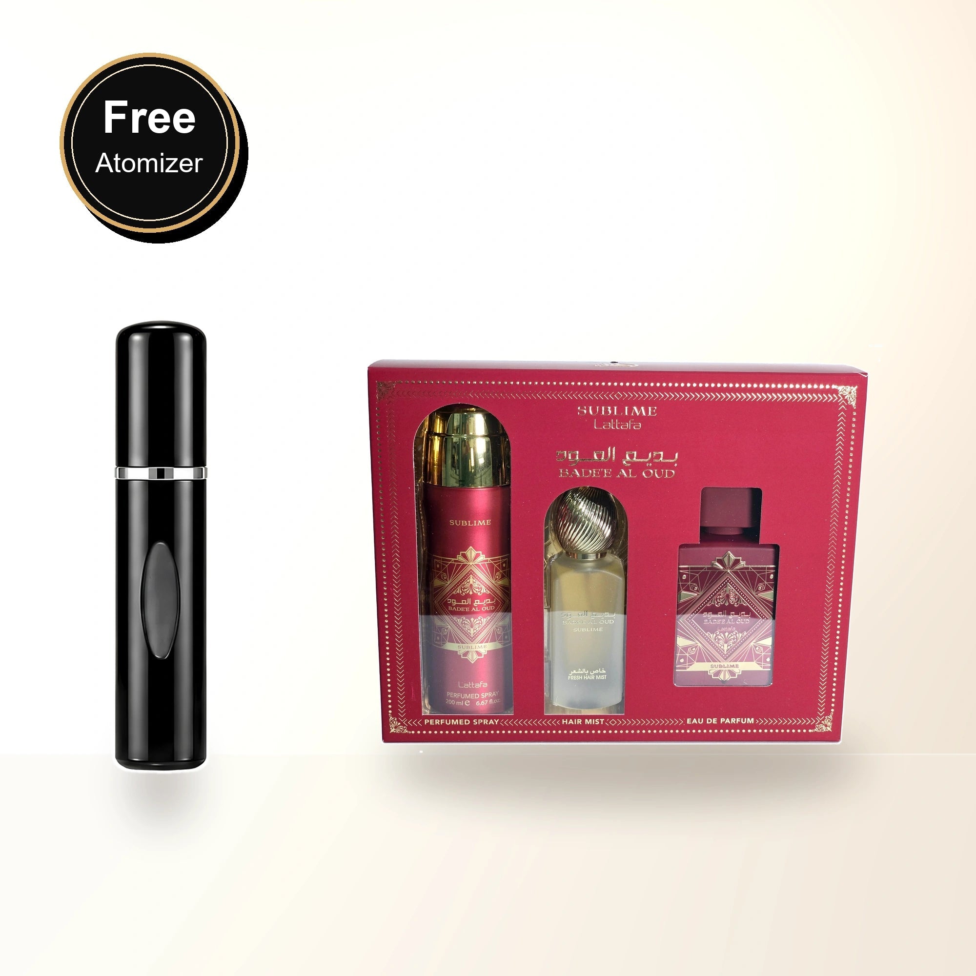 Lattafa Bade'e Al Oud Sublime 3 Pcs Set For Men: 3.4 Eau De Parfum Spray + 1.7 Hair Mist + 6.7 Perfumed Body Spray with free atomizer bonus image