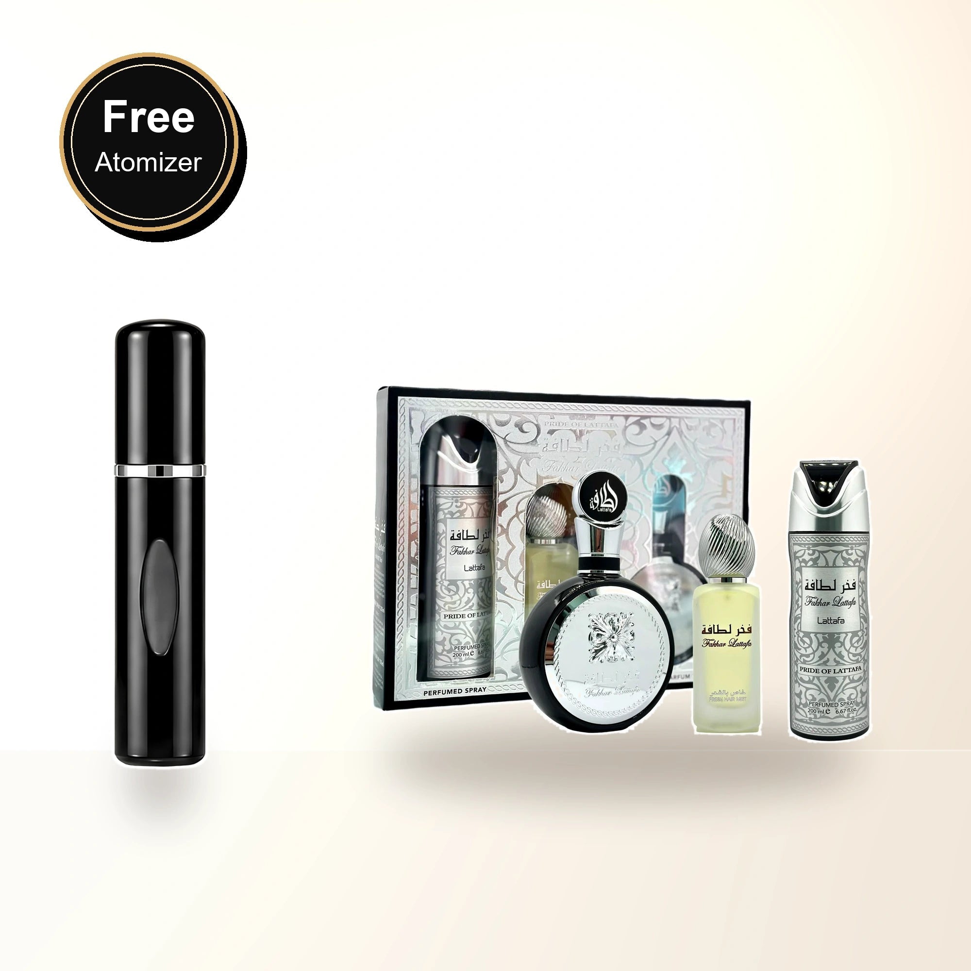 Lattafa Fakhar 3 Pcs Set For Men: 3.4 Eau De Parfum Spray + 6.7 Perfumed Body Spray + 1.7 Hair Mist with free atomizer bonus image