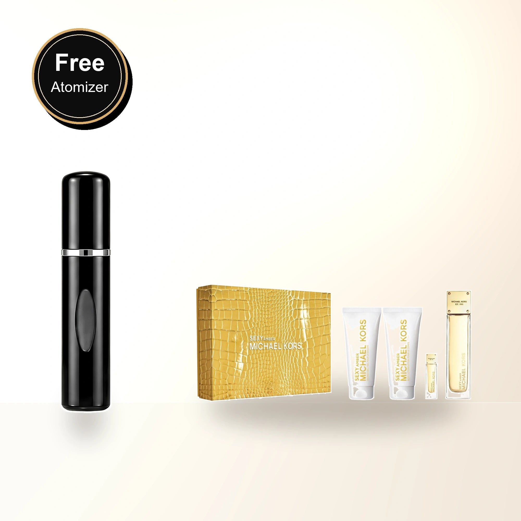 Michael Kors Sexy Amber 4 Pcs Set For Women: 3.4 Eau De Parfum Spray + 3.4 Shower Gel + 3.4 Body Lotion + 0.17 Eau De Parfum with free atomizer bonus image