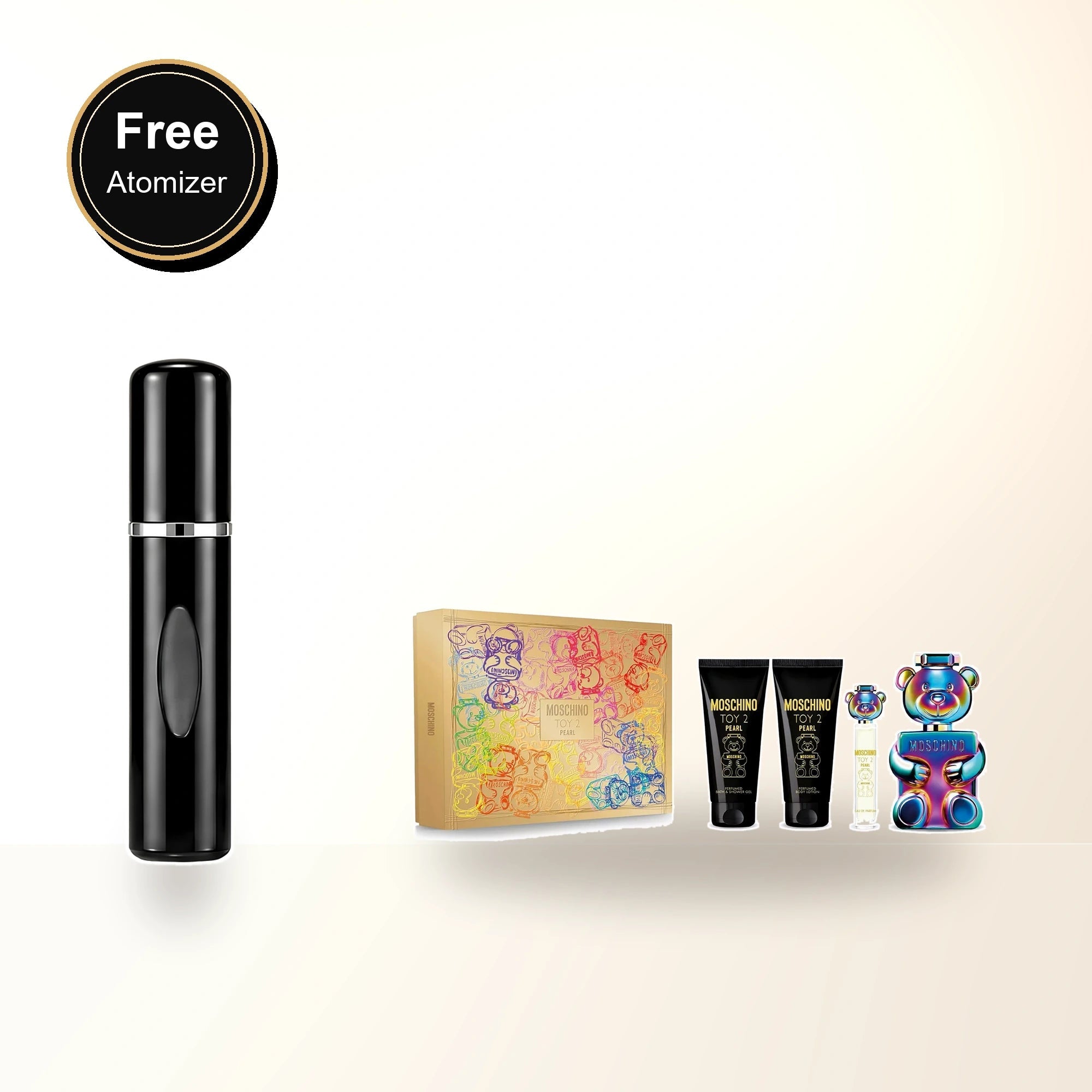 Moschino Toy 2 Pearl 4 Pcs Set For Women: 3.4 Eau De Parfum Spray + 0.3 Eau De Parfum Spray + 3.4 Body Lotion + 3.4 Bath & Shower Gel with free atomizer bonus image