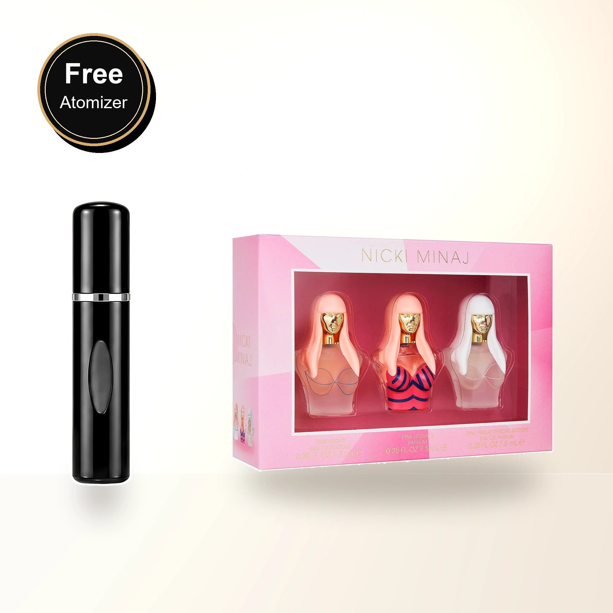 Nicki Minaj 3 * 7.5 Ml Mini Set For Women: Pink Friday Eau De Parfum + Pink Friday 2 Parfum + Pink Friday Special Edition Eau De Parfum with free atomizer bonus image