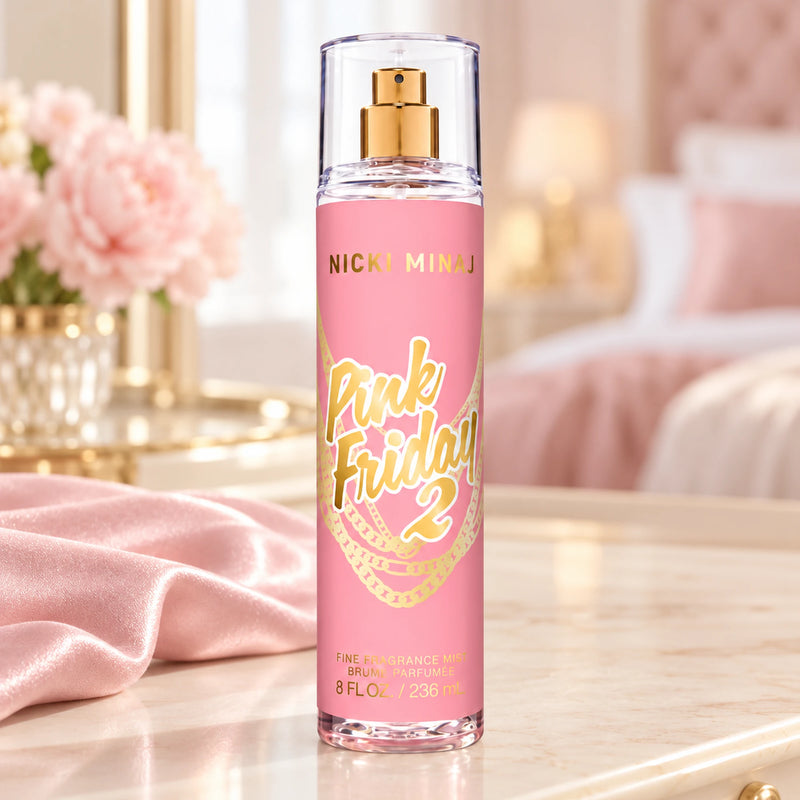 Nicki Minaj Pink Friday 2 8 fl oz (236ml) body mist on a vanity