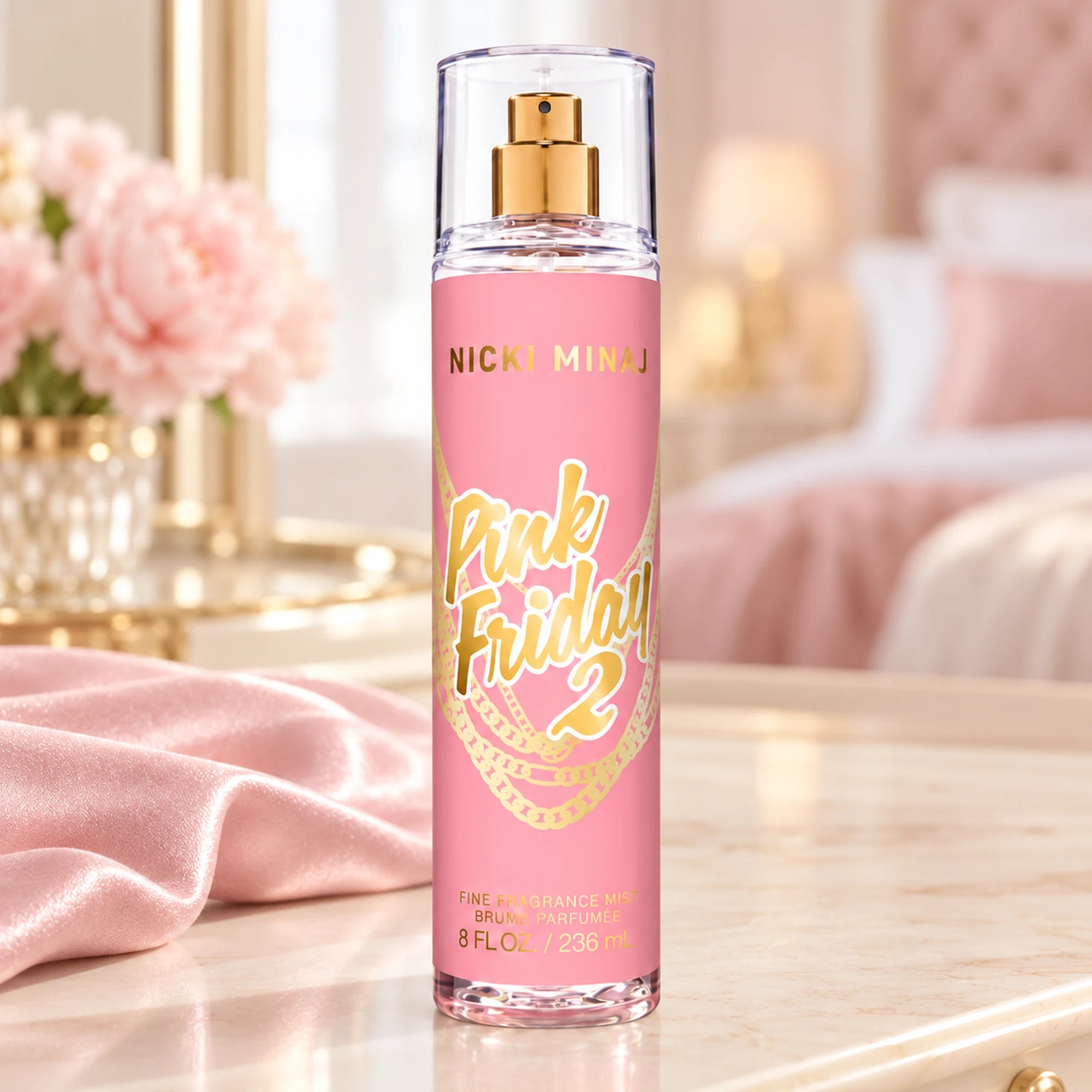 Nicki Minaj Pink Friday 2 8 fl oz (236ml) body mist on a vanity
