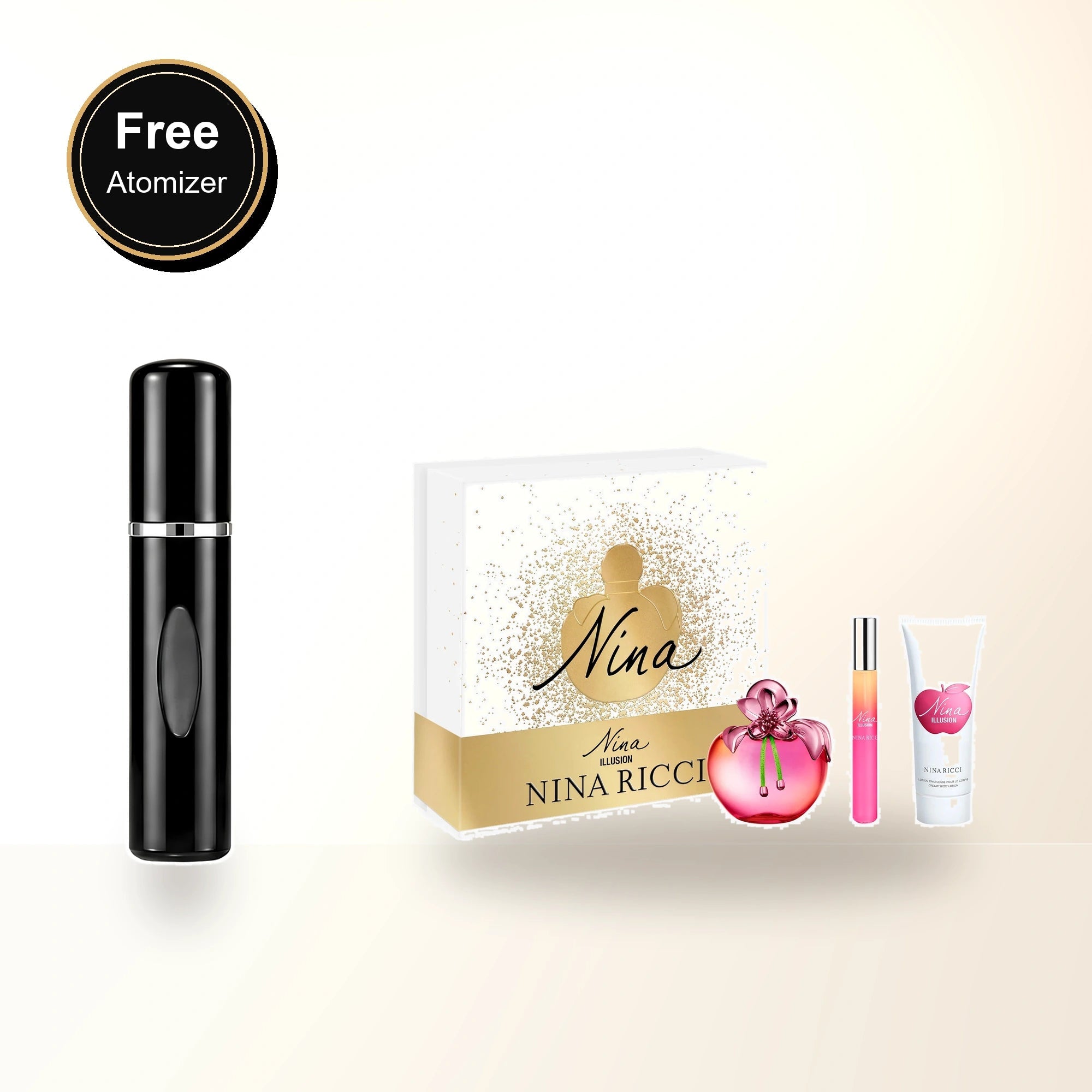 Nina Ricci Nina Illusion 3 Pcs Set For Women: 2.7 Eau De Parfum + 0.34 Eau De Parfum Roll-on + 2.5 Body Lotion with free atomizer bonus image