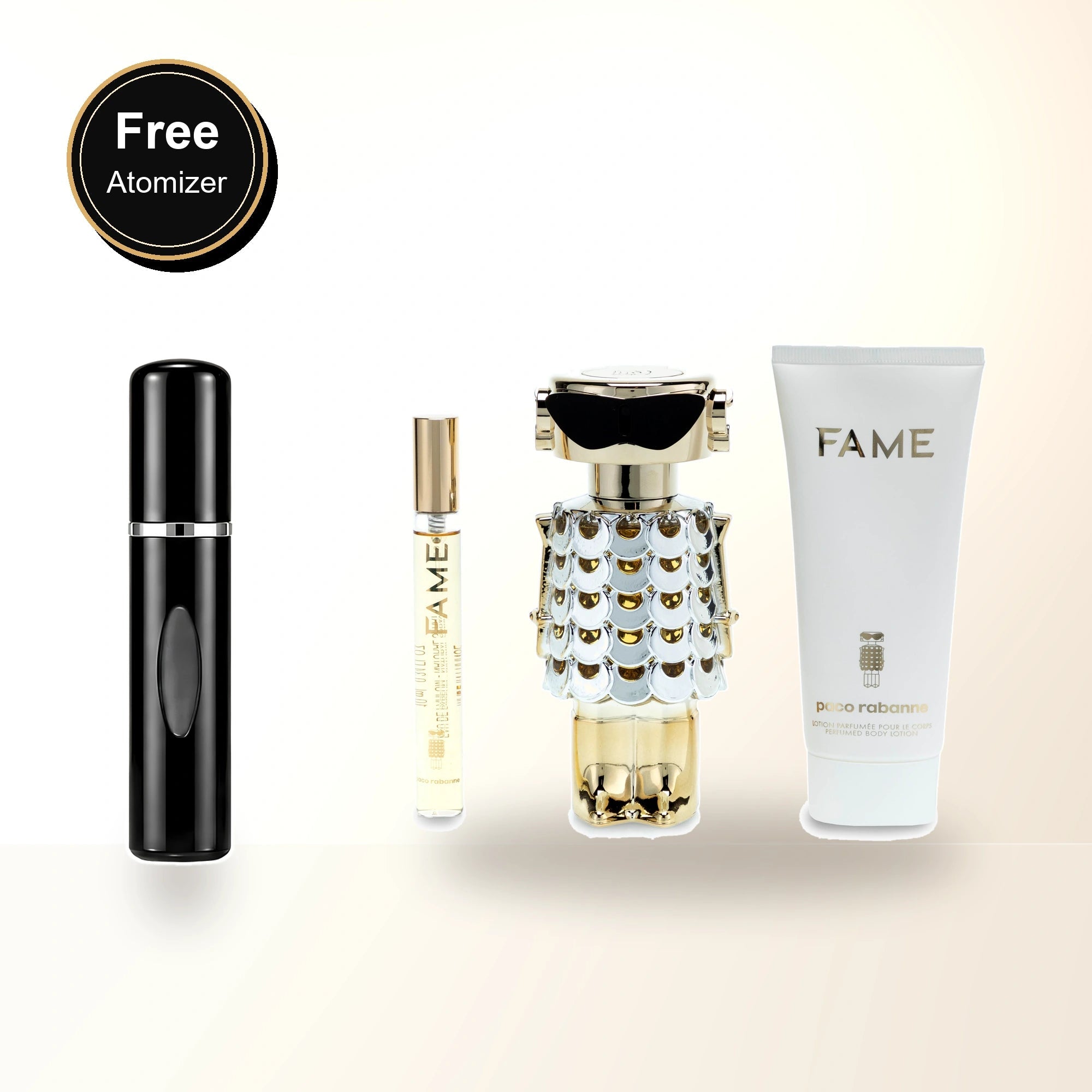 Paco Rabanne Fame 3 Pcs Set For Women: 2.7 Eau De Parfum Spray + 0.33 Eau De Parfum Spray + 3.4 Body Lotion with free atomizer bonus image