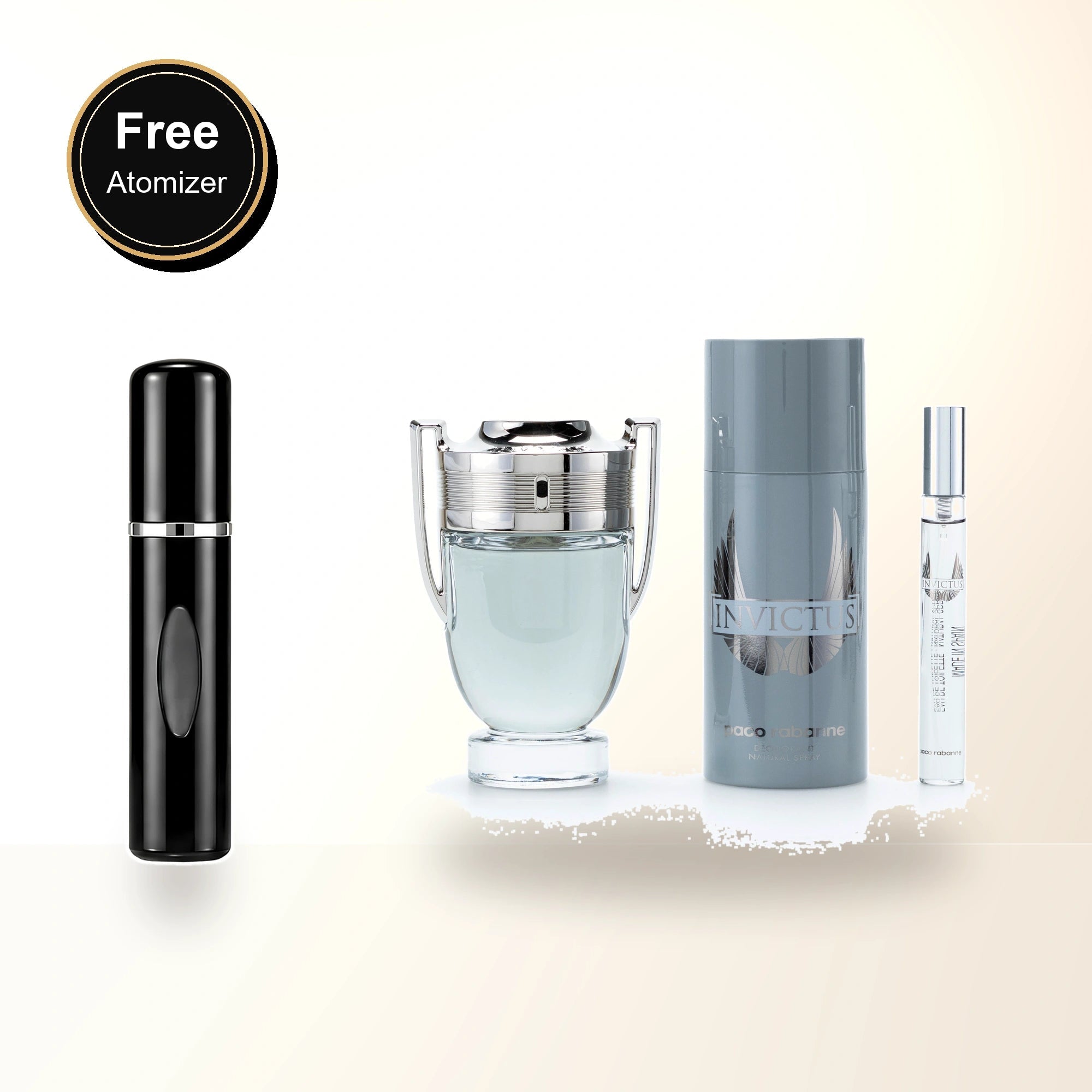 Paco Rabanne Invictus 3 Pcs Set For Men: 3.4 Eau De Toilette Spray + 5.1 Deodorant Spray + 0.34 Eau De Toilette Spray. with free atomizer bonus image