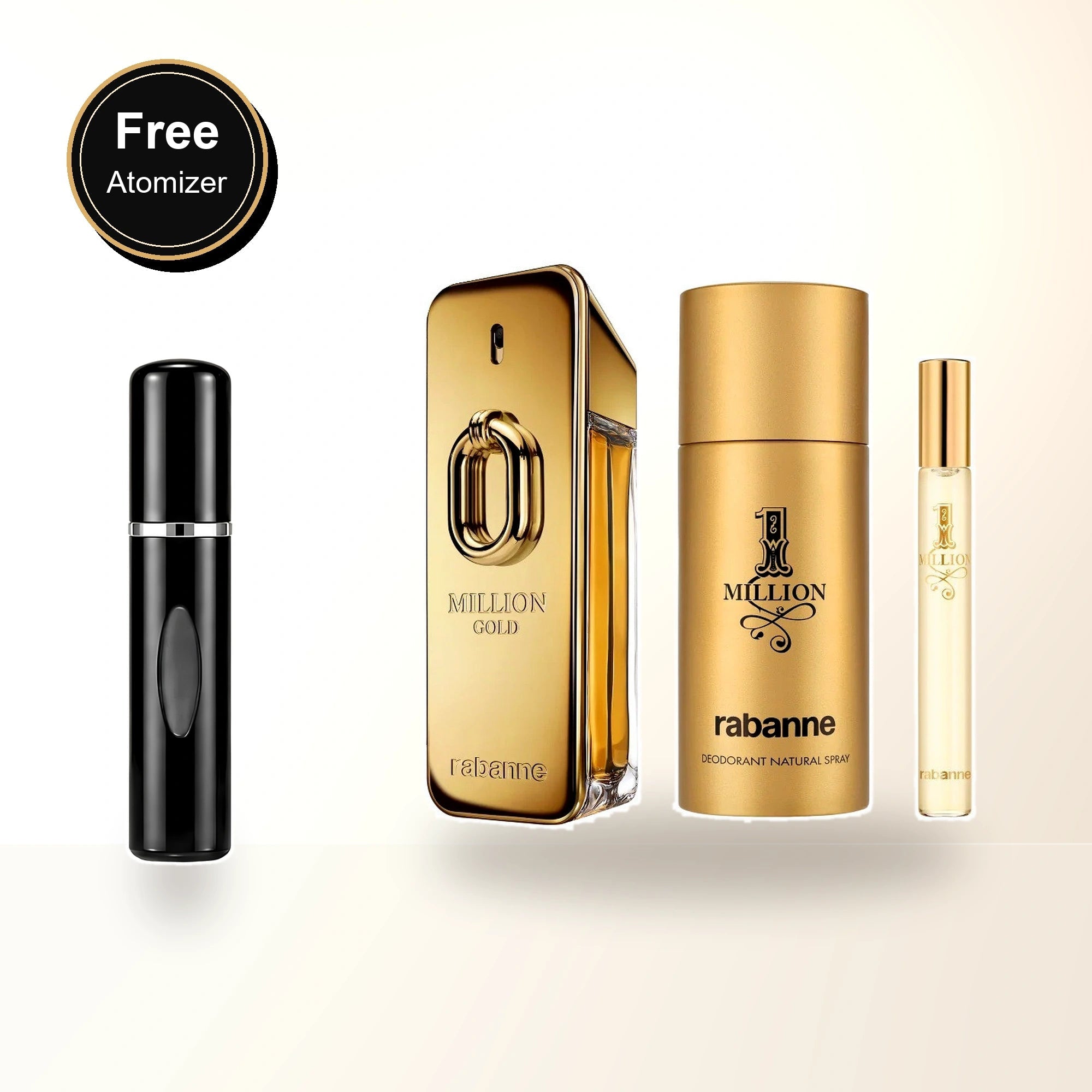Paco Rabanne Million Gold 3 Pcs Set For Men: 3.4 Eau De Parfum Spray Intense + One Million 5.1 Deodorant Spray + One Million 0.34 Eau De Toilette Spray with free atomizer bonus image