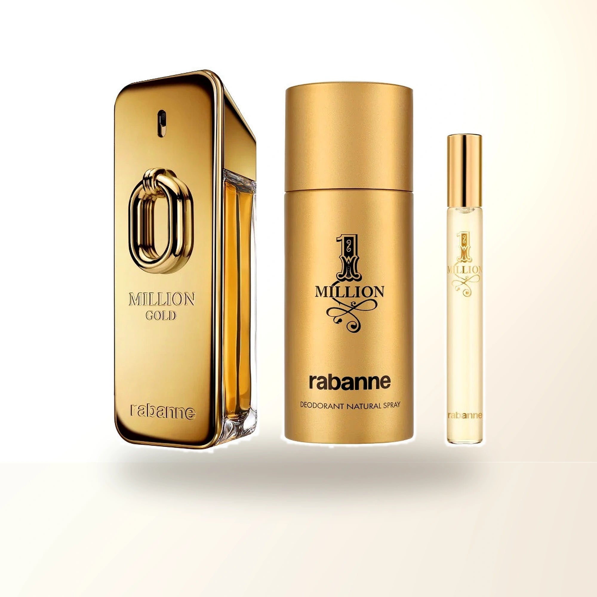 Paco Rabanne Million Gold 3 Pcs Set For Men: 3.4 Eau De Parfum Spray Intense + One Million 5.1 Deodorant Spray + One Million 0.34 Eau De Toilette Spray main product image