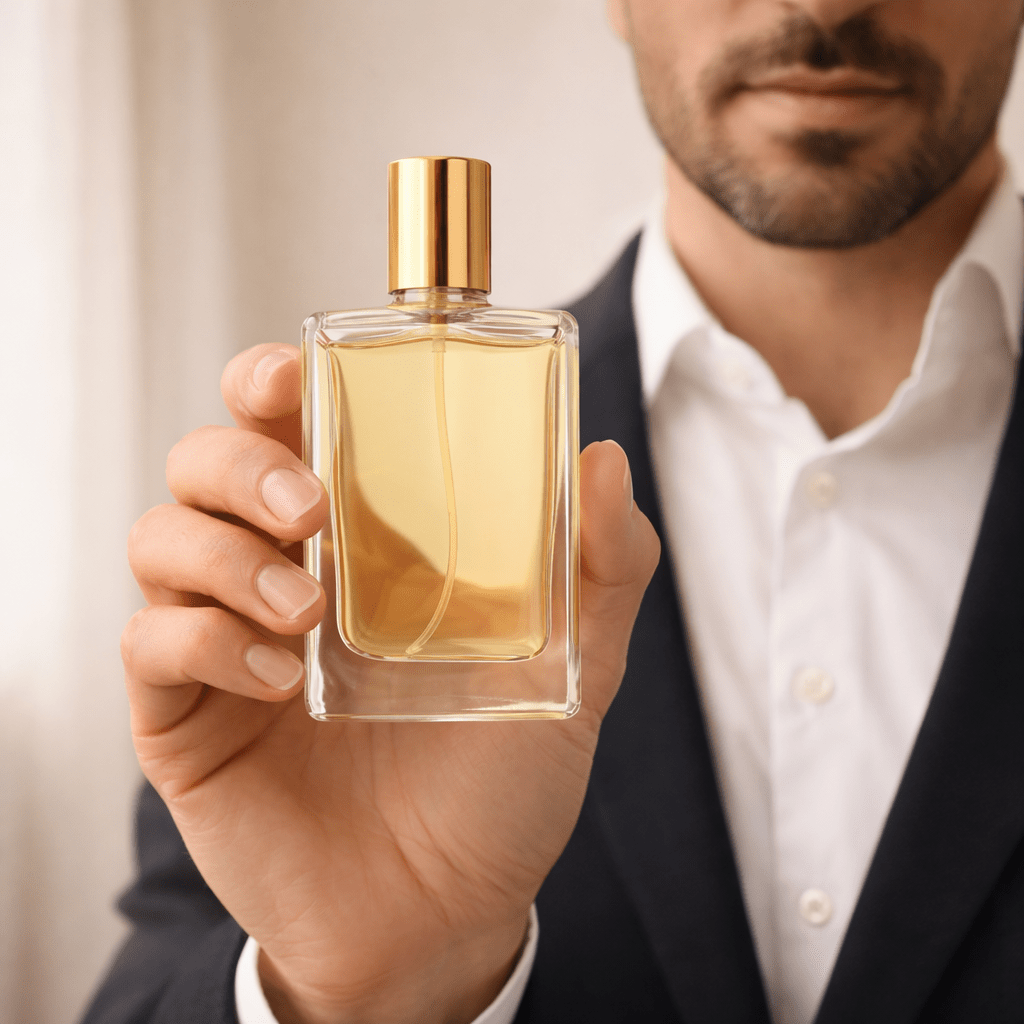 Man holding PS Fine Cologne Spray perfume bottle – luxury men’s fragrance lifestyle image