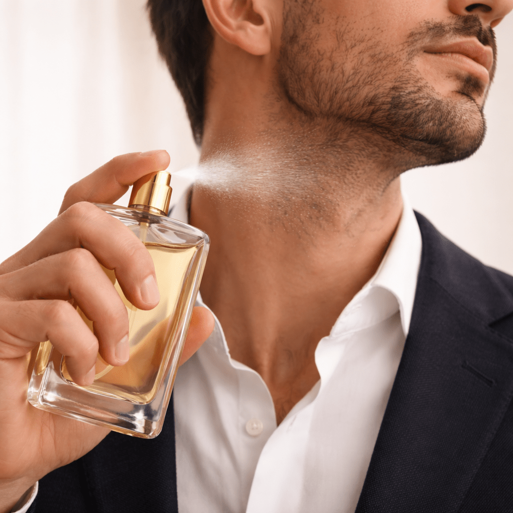 Man applying PS Fine Cologne Spray on neck – how to wear men’s perfume correctly