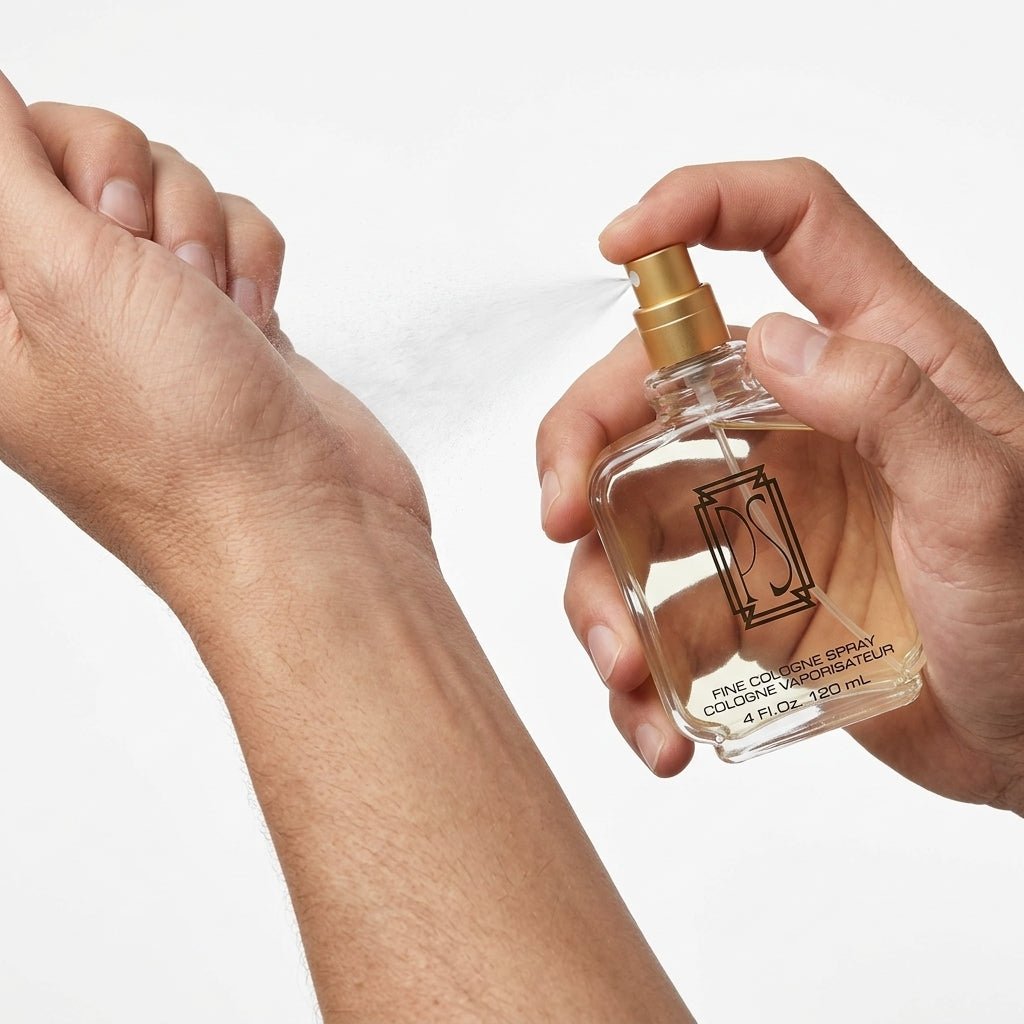 Man spraying PS Fine Cologne Spray on wrist – proper way to apply men’s fragrance