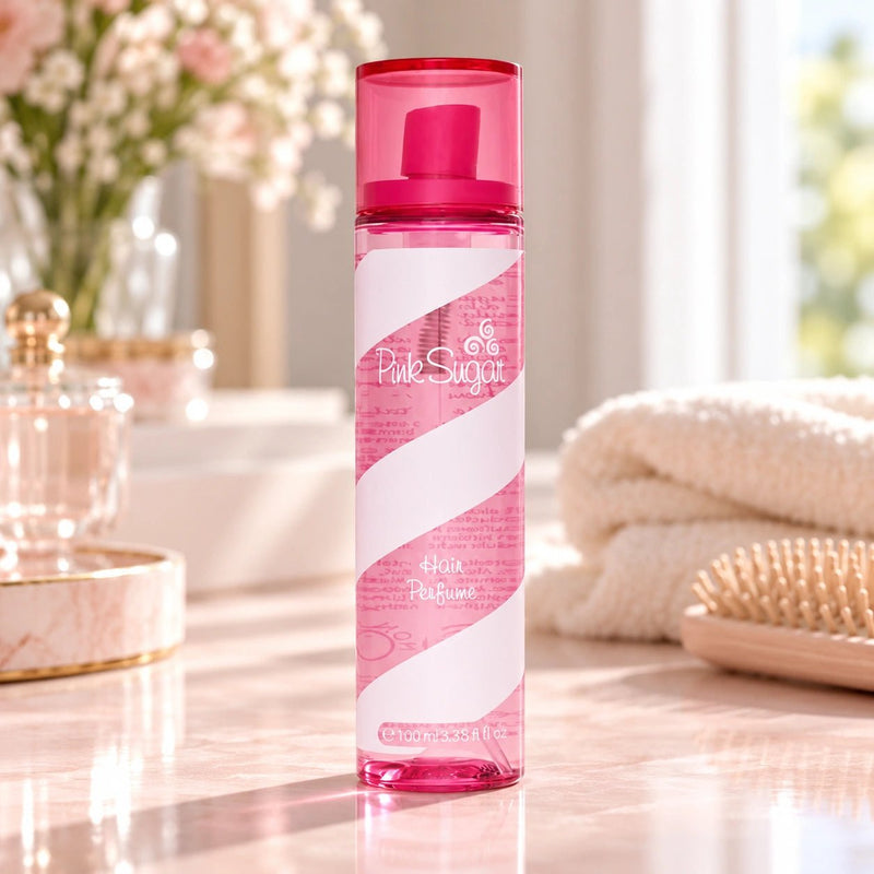 Pink Sugar Hair Perfume 100 ml bottle on a vanity with hairbrush
