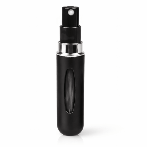 Black refillable travel perfume atomizer 5ml shown upright on a clean white background, featuring a compact mini spray bottle design with a visible perfume window, smooth cylindrical body, and portable size for everyday fragrance carry