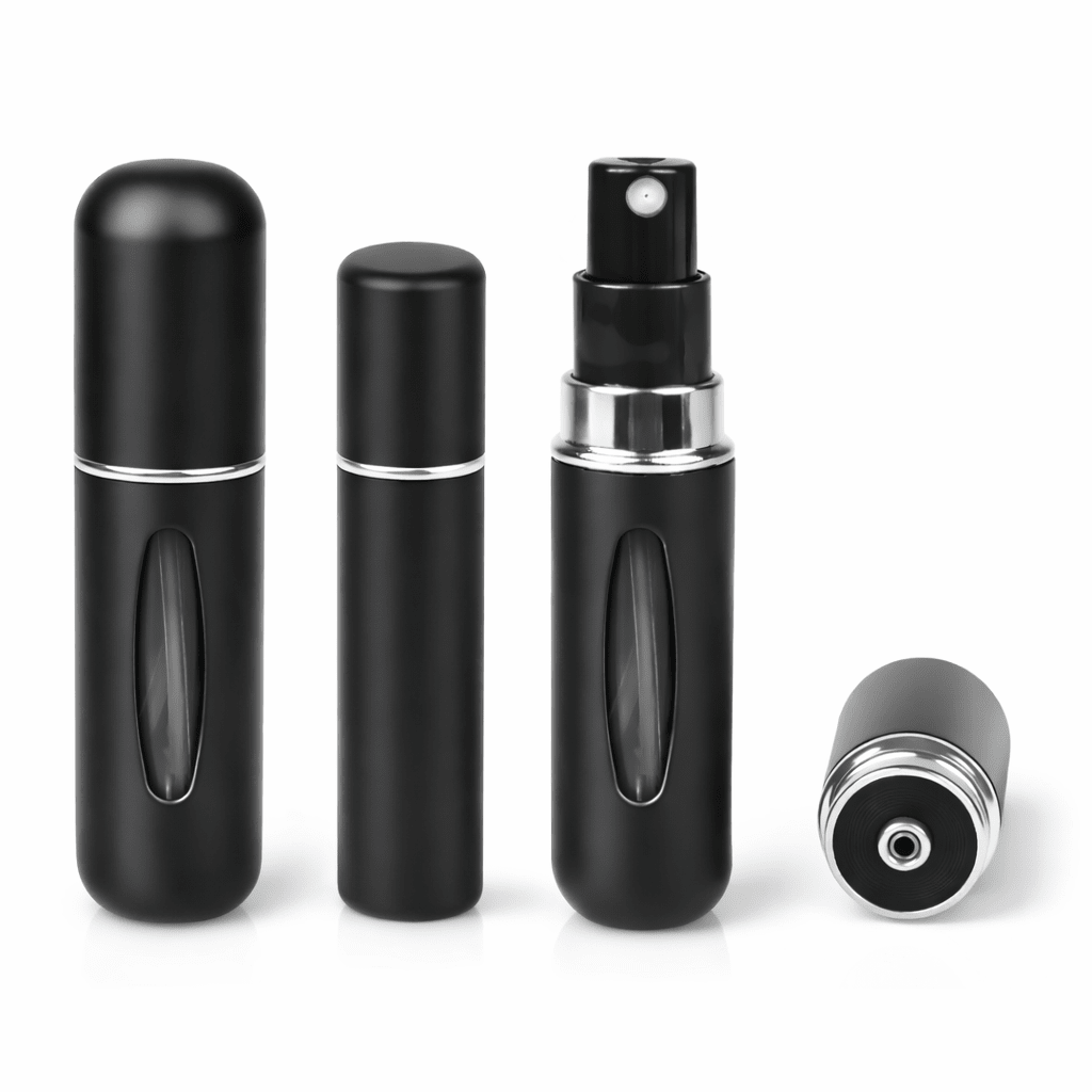 Black refillable travel perfume atomizer multiple angle view