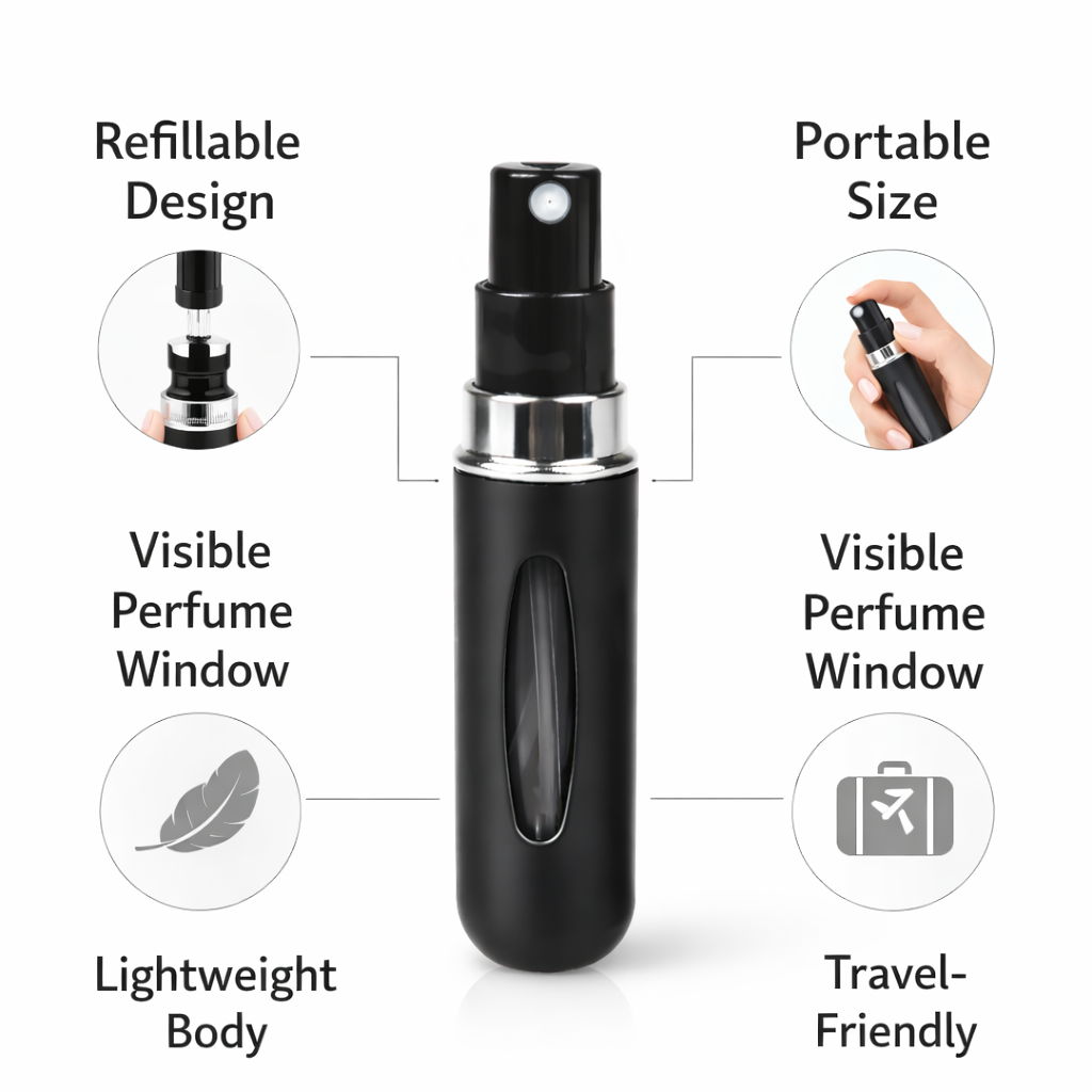 Black refillable travel perfume atomizer feature highlights