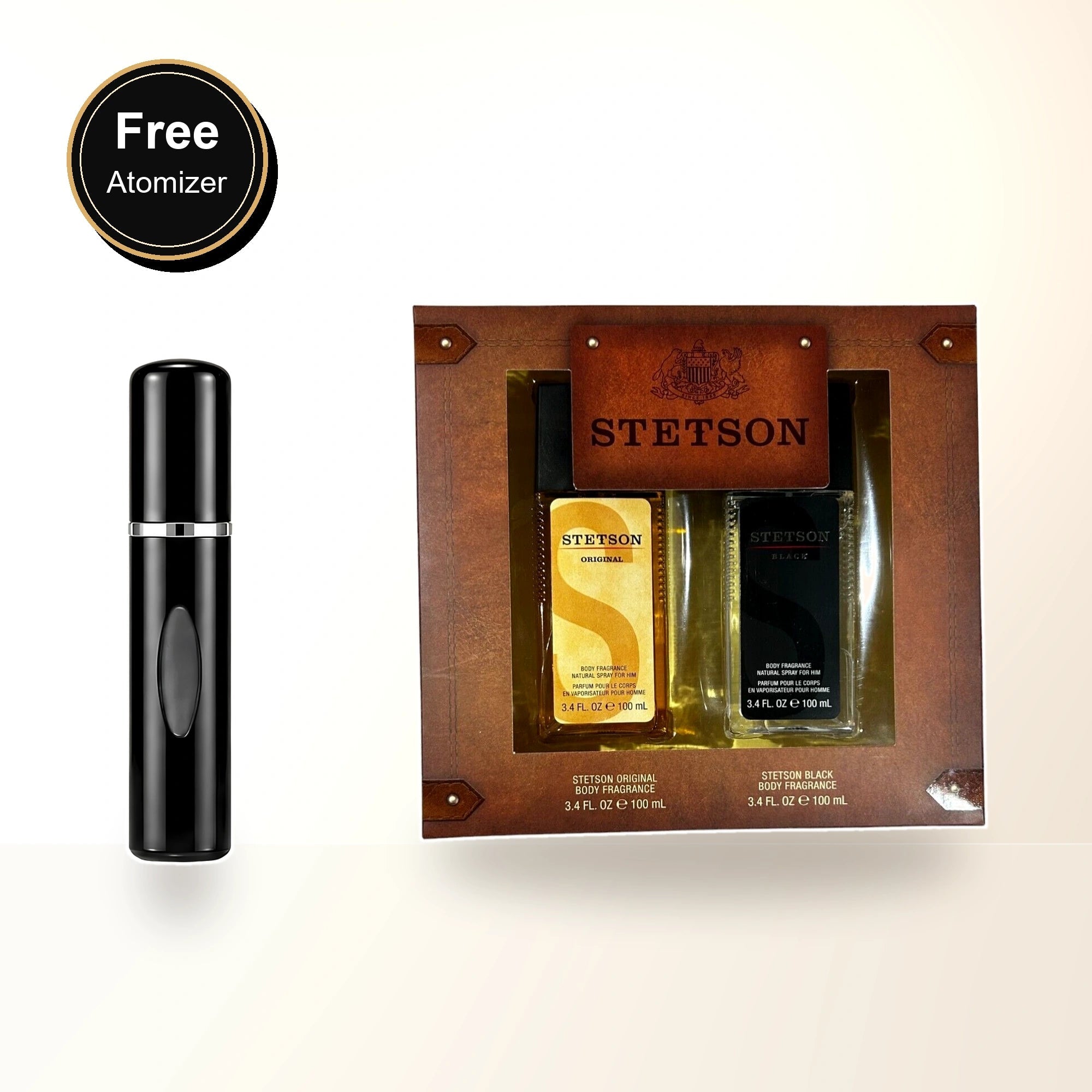 Stetson 2 Pcs Set For Men: 3.4 Body Fragrance + Stetson Black 3.4 Body Fragrance with free atomizer bonus image