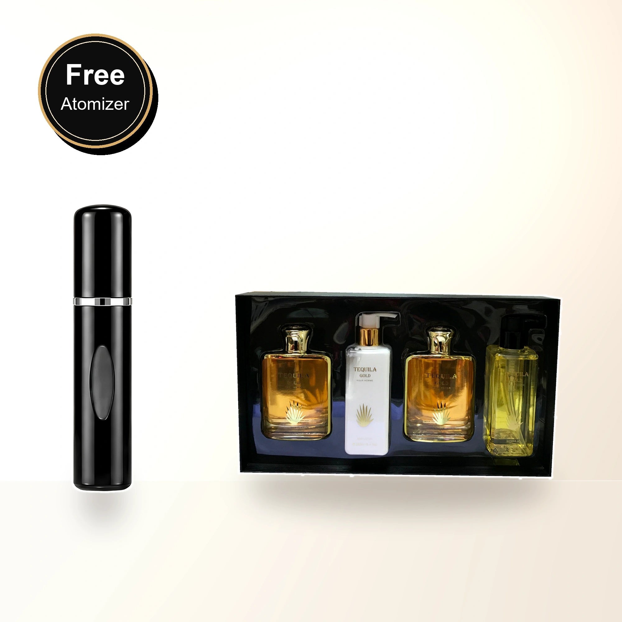 Tequila Gold 4 Pcs Set For Men: 3.3 Eau De Parfum Spray + 3.3 After Shave + 5.7 Body Lotion + 5.7 Shower Gel with free atomizer bonus image