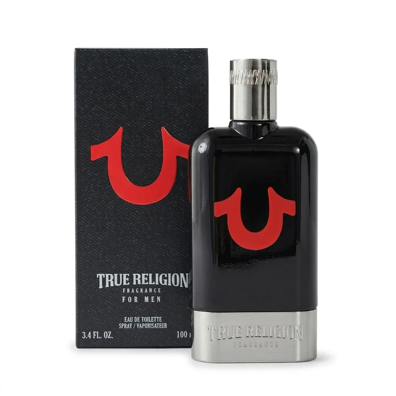 True Religion Black men's fragrance bottle with silver cap and red horseshoe logo in front of its box