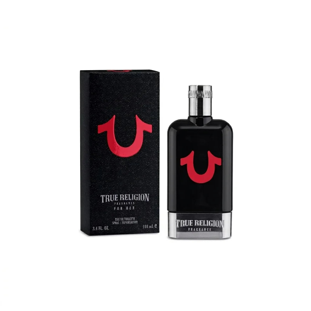 True Religion Black Eau de Toilette 100 ml black bottle beside its matching box