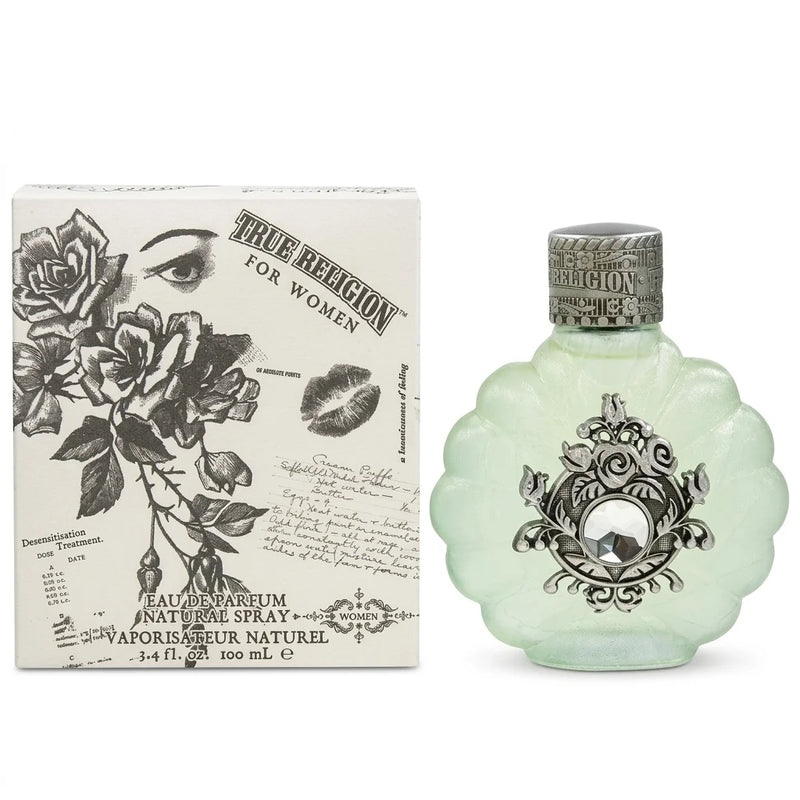 Alternate view of the True Religion women's perfume bottle and floral illustrated 100 ml packaging