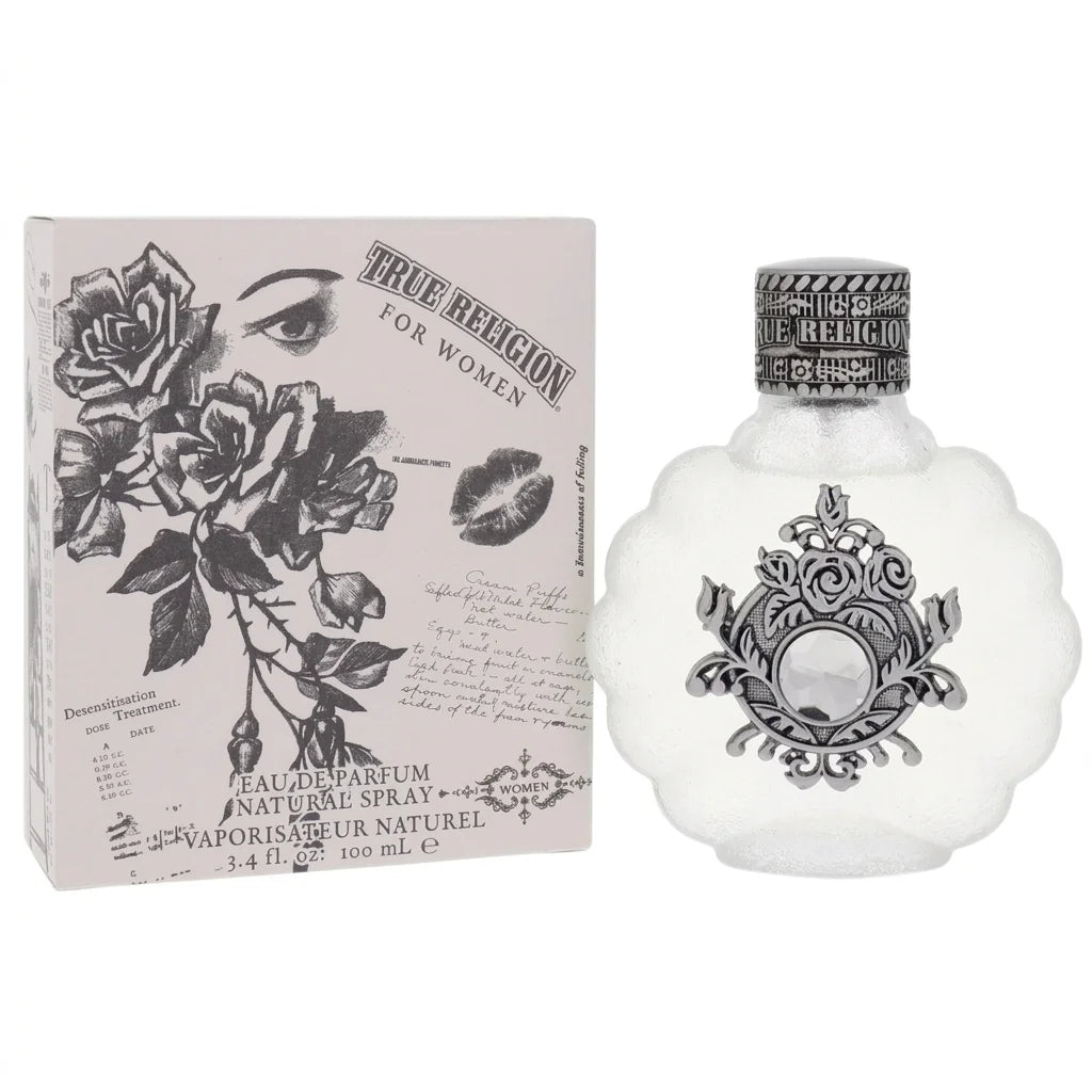 True Religion Eau de Parfum for Women 100 ml bottle with decorative silver emblem beside its box